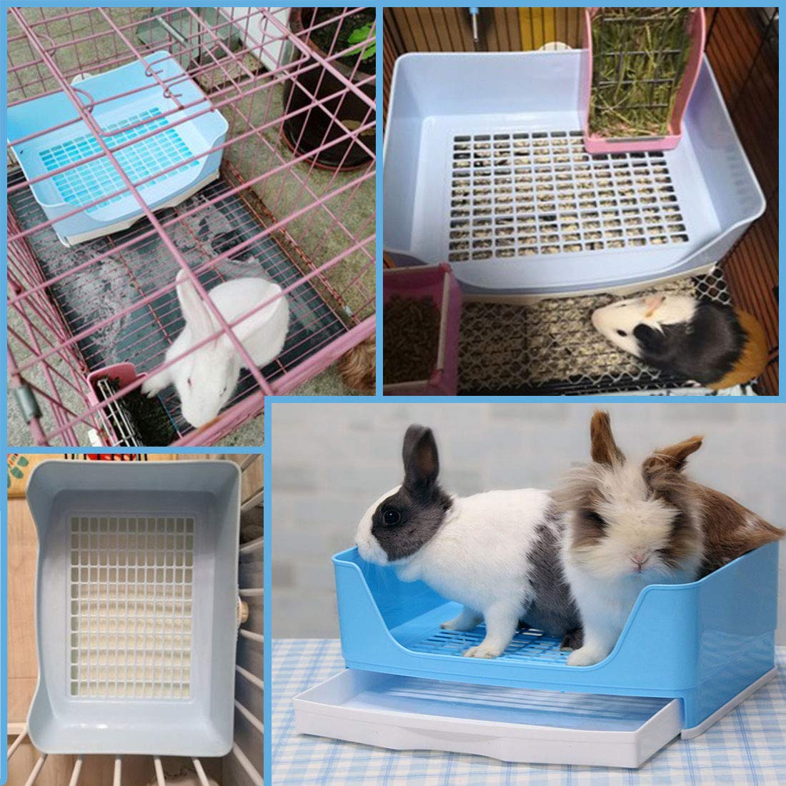 Pinvnby Large Rabbit Litter Box Bigger Pet Litter Pan Trainer With Drawer Corner Toilet Box For Adult Guinea Pigs Chinchilla Ferret Hedgehog Small Animals(Blue)