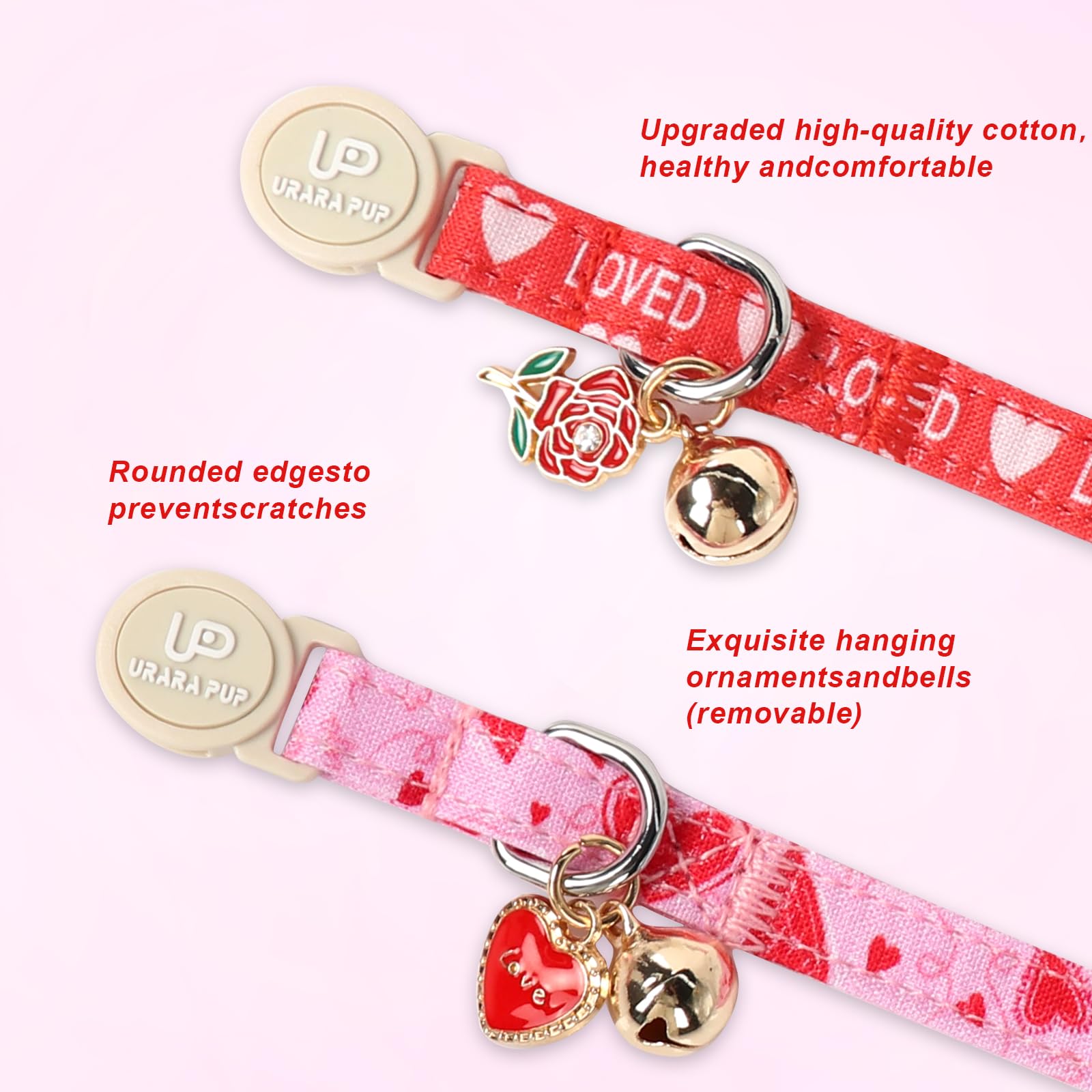 Up Urara Pup Cat Collar, 2 Pack Cat Collars Cute Breakaway Kitty Collar With Bell, Valentine'S Day Kitten Collars Pink Hearts Wi