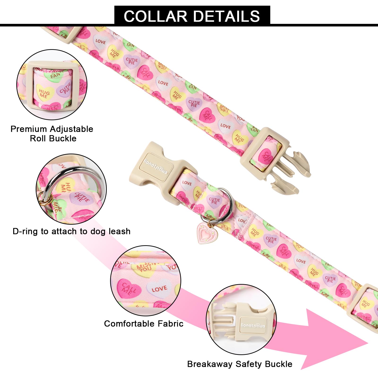 Lionet Paws Valentine'S Dog Collar- Cute Pink Sweet Heart Dog Collars With Plastic Buckle, Light Adjustable Dog Collars For Medi