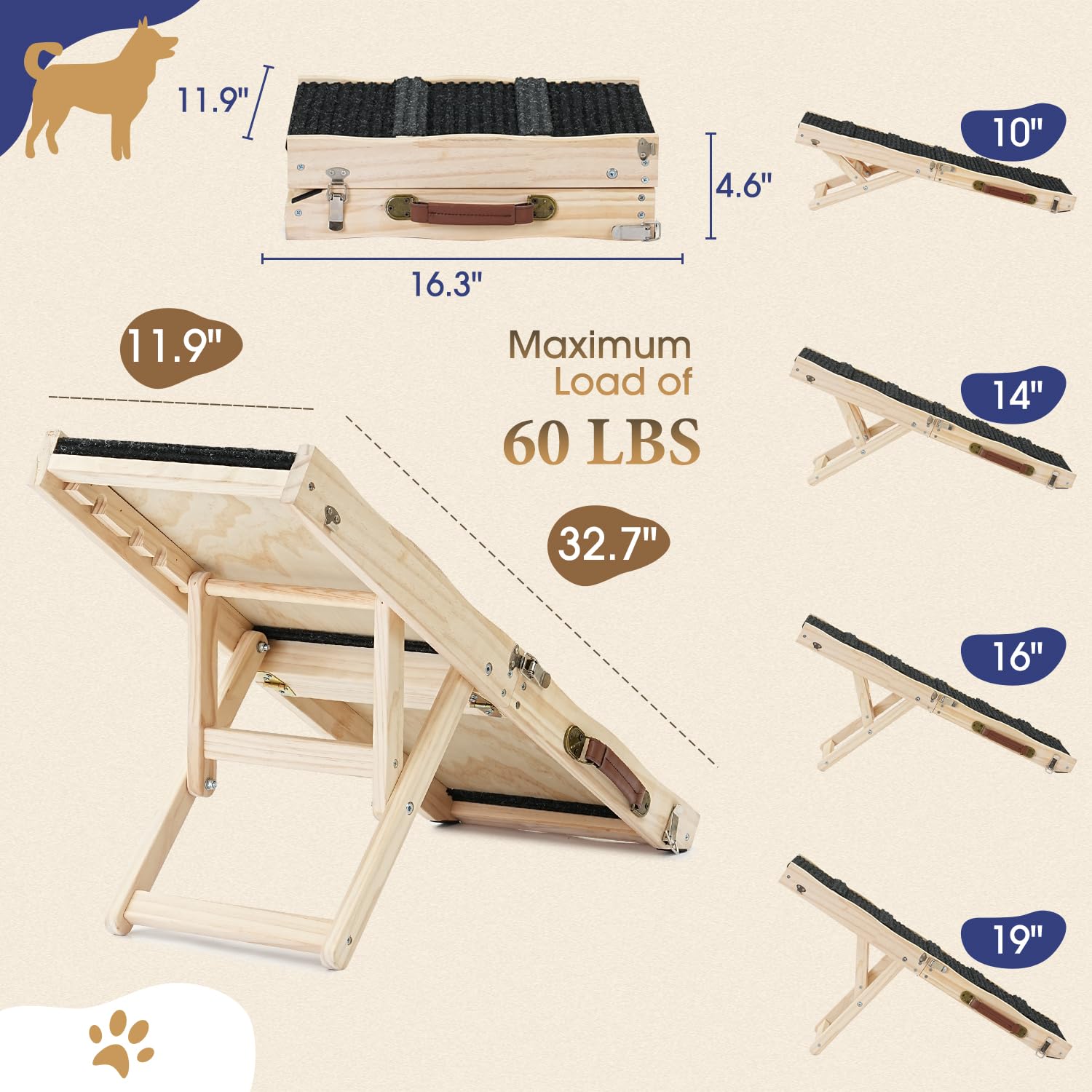 Dog Ramps For Couch - Only Small Dogs And Cats Use - Non-Slip, Sturdy Build Foldable Ramp - Wooden Portable Dog Ramp Perfect For