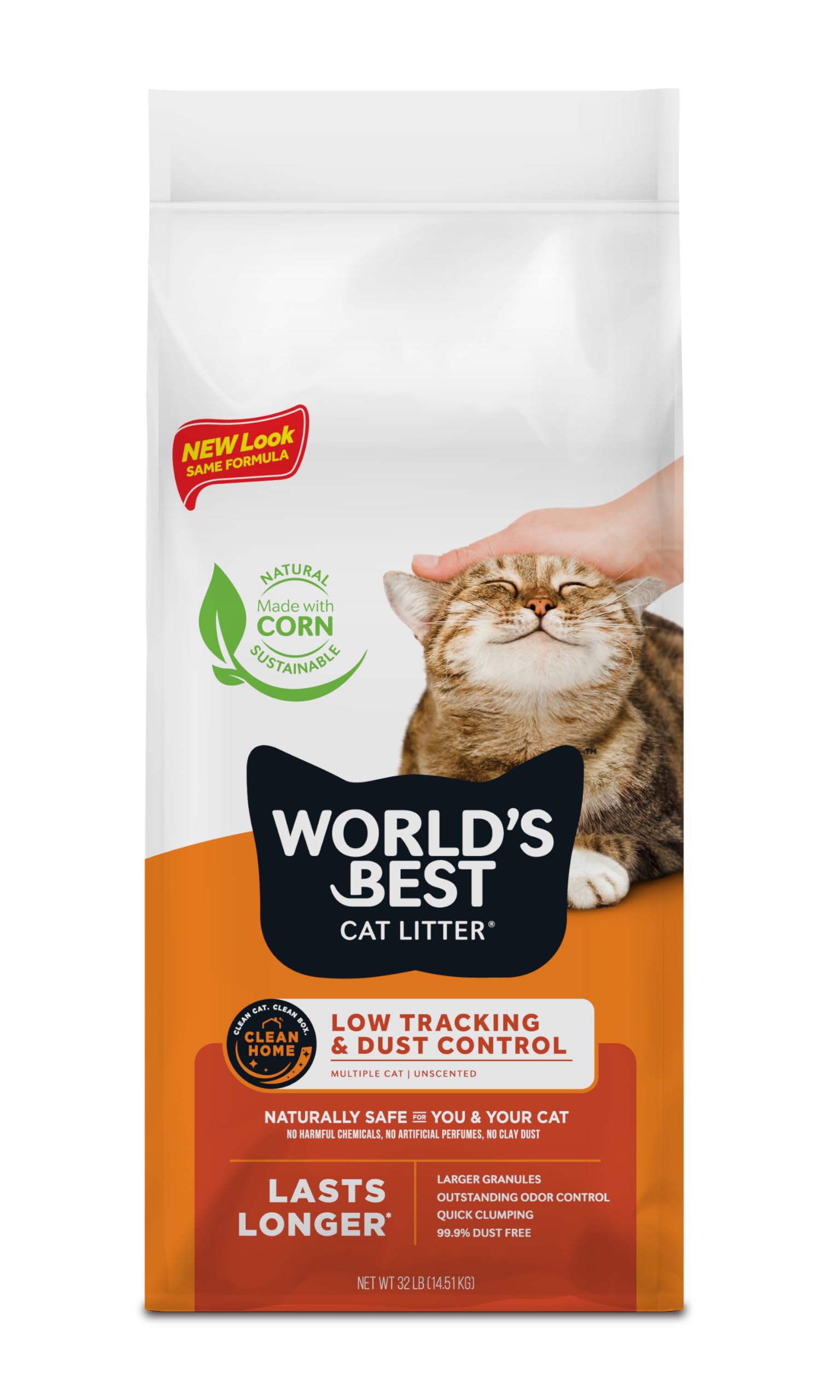 World'S Best Cat Litter Low Tracking & Dust Control Multiple Cat Unscented 32-Pounds - Natural Ingredients, Quick Clumping, Flushable & Made In Usa - Long-Lasting Odor Control & Easy Scooping