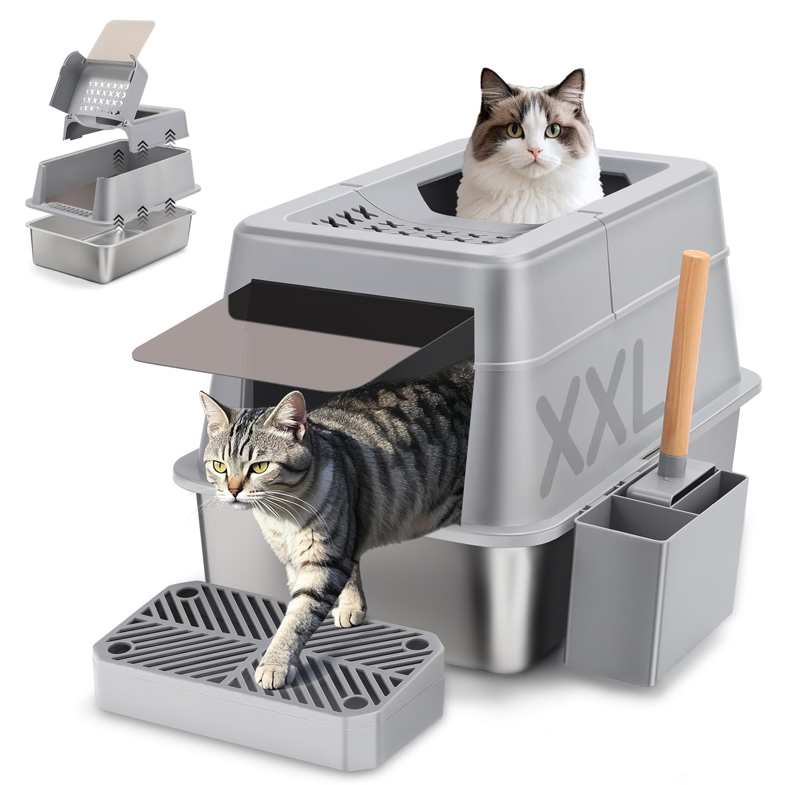 Stainless Steel Cat Litter Box With 110 Flip-Top Lid, Xxl Large Enclosed Metal Litter Box For Big Cats With Scoop & Pedal, Remov