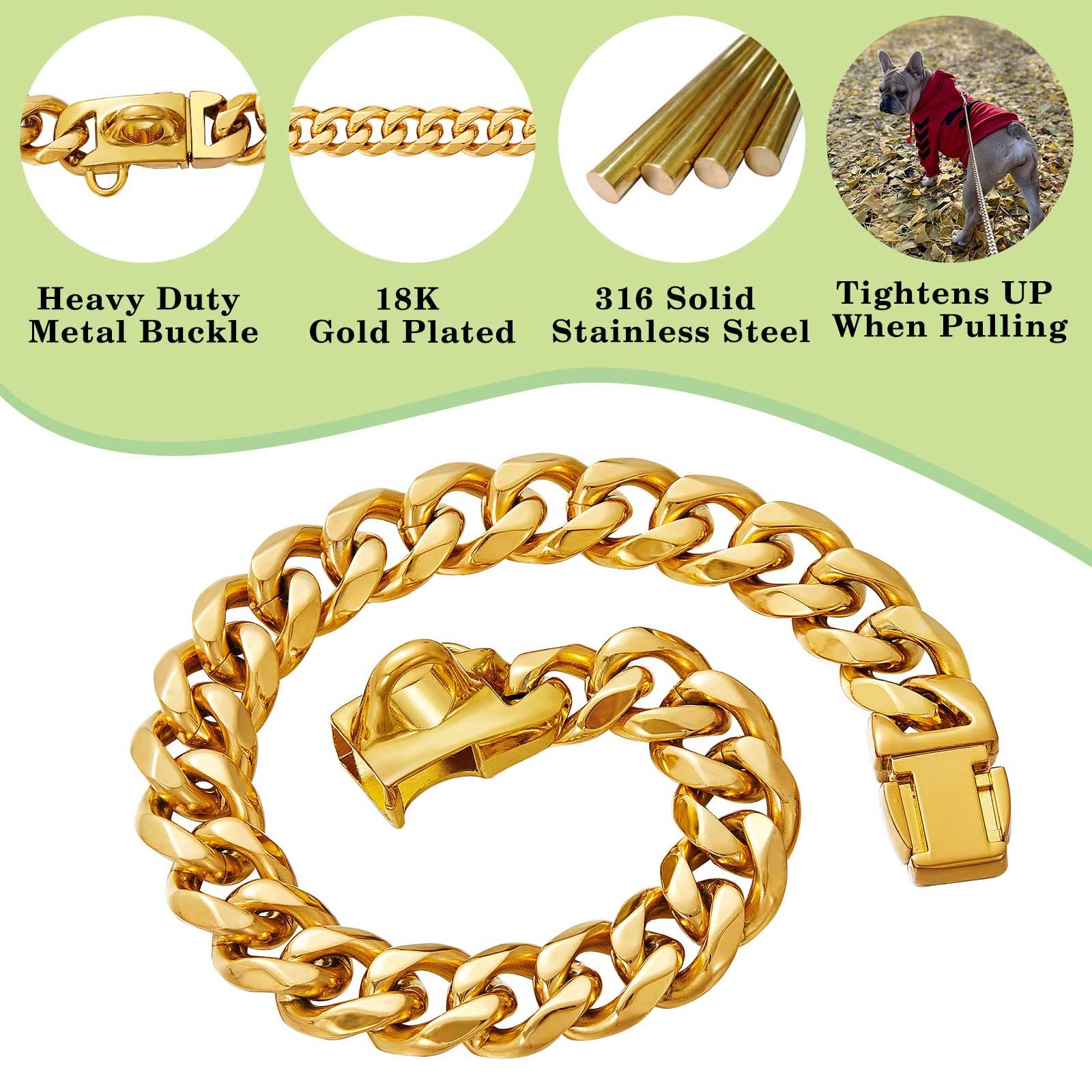 Stainless Steel Silver Gold Dog Collars With Safety Buckle Lock,18K Cuban Link Chain Training Collar,15Mm Strong Dog Necklace He