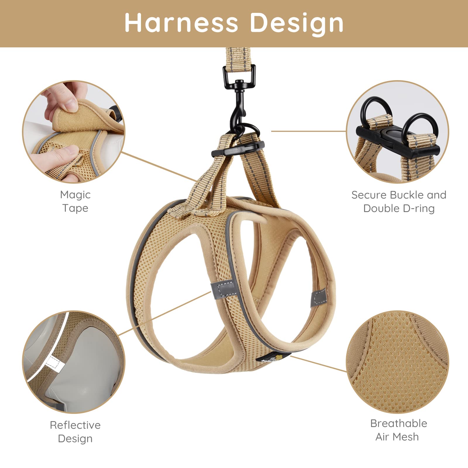 Bella & Pal Puppy Harness & Leash Set, No Pull Dog Harness For Extra Small Dogs, Khaki Xxs