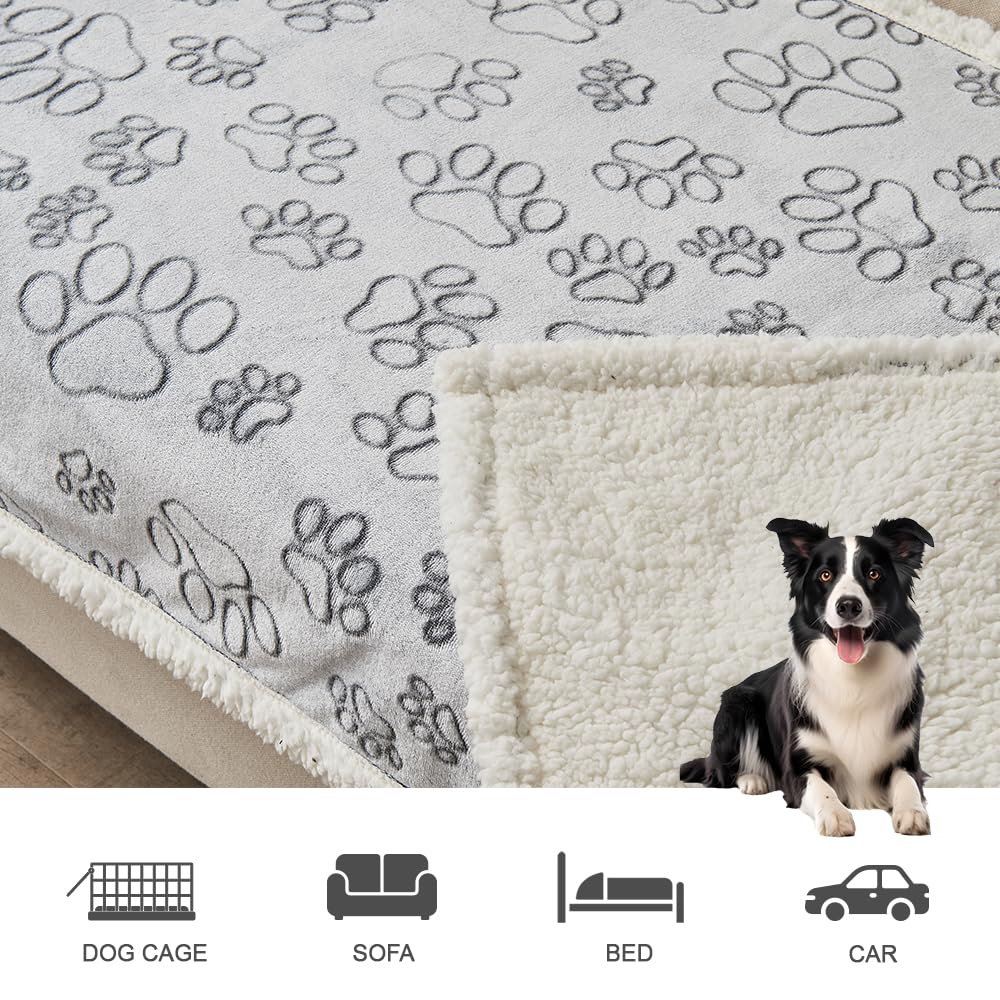 Qeils Dog Blanket - Waterproof, Washable Sherpa Fleece, 50"x60", Grey Paw Print for Large Dogs, Soft Plush Reversible Blanket