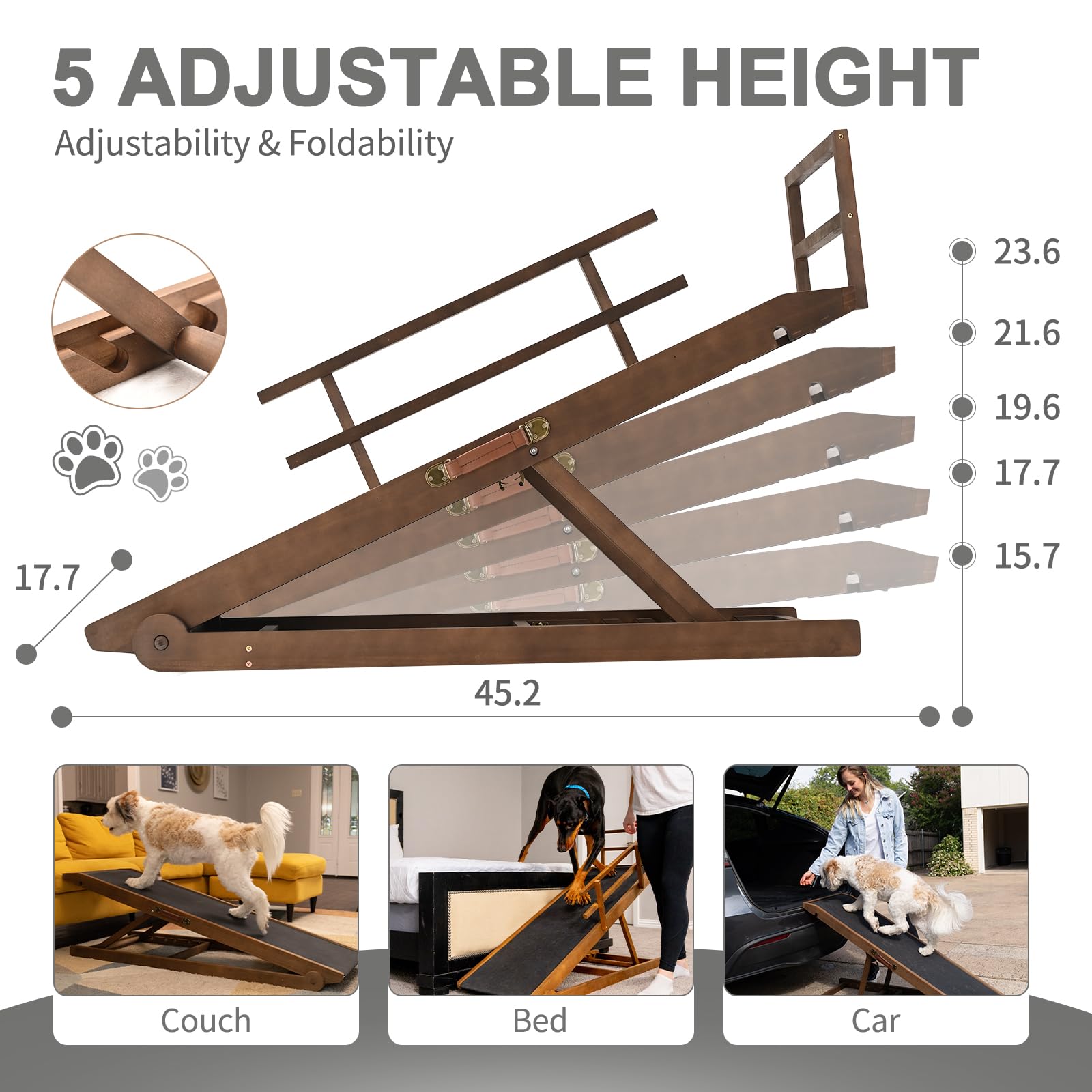 Aboron Folding Pet Ramp, 5-Level Adjustable Dog Ramp For Bed, Couch, Suv - High Traction Rubber Surface, Supports Up To 200 Lbs,