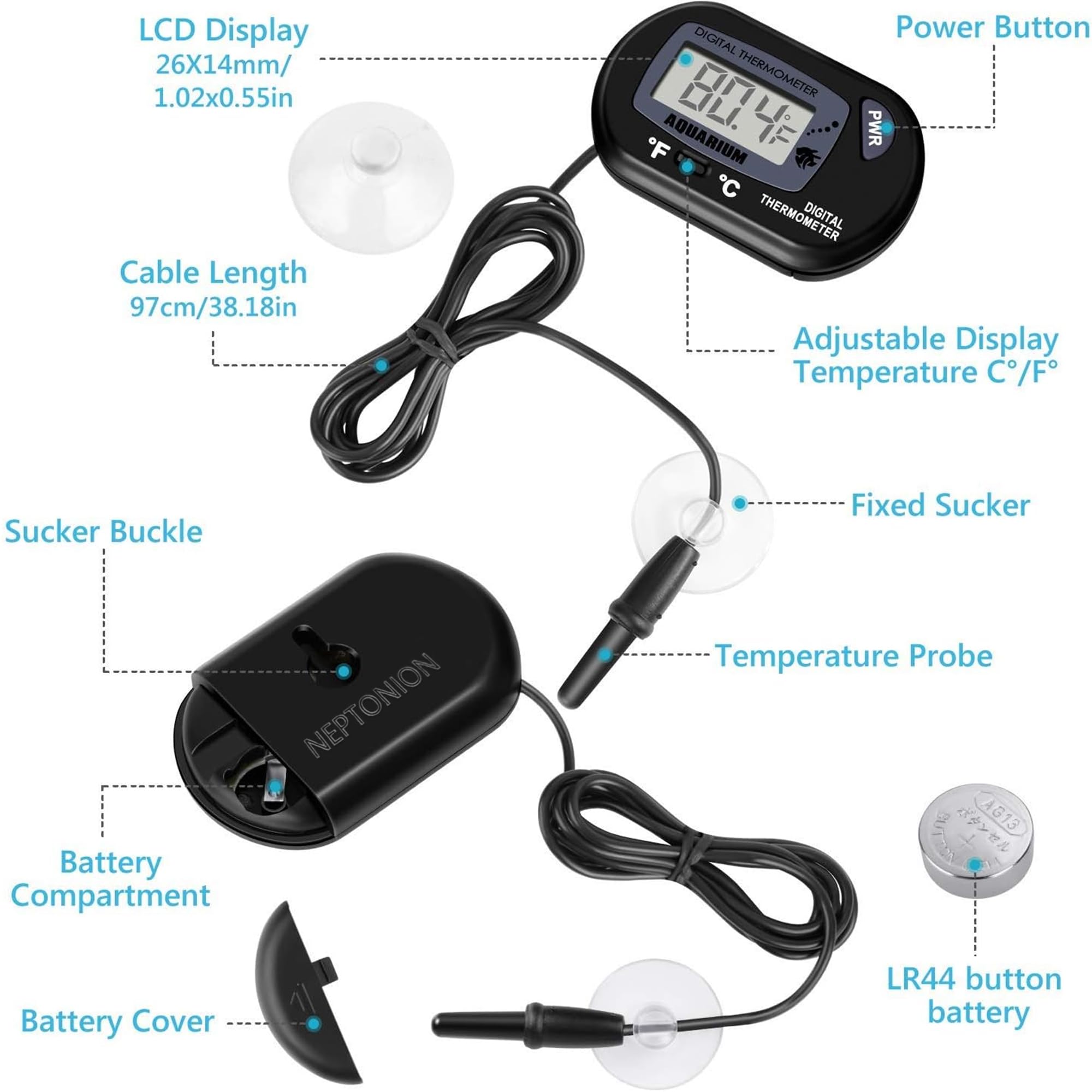 Neptonion Aquarium Thermometer Lcd Digital Aquarium Thermometer With Suction Cup Fish Tank Water Terrarium Temperature For Fish