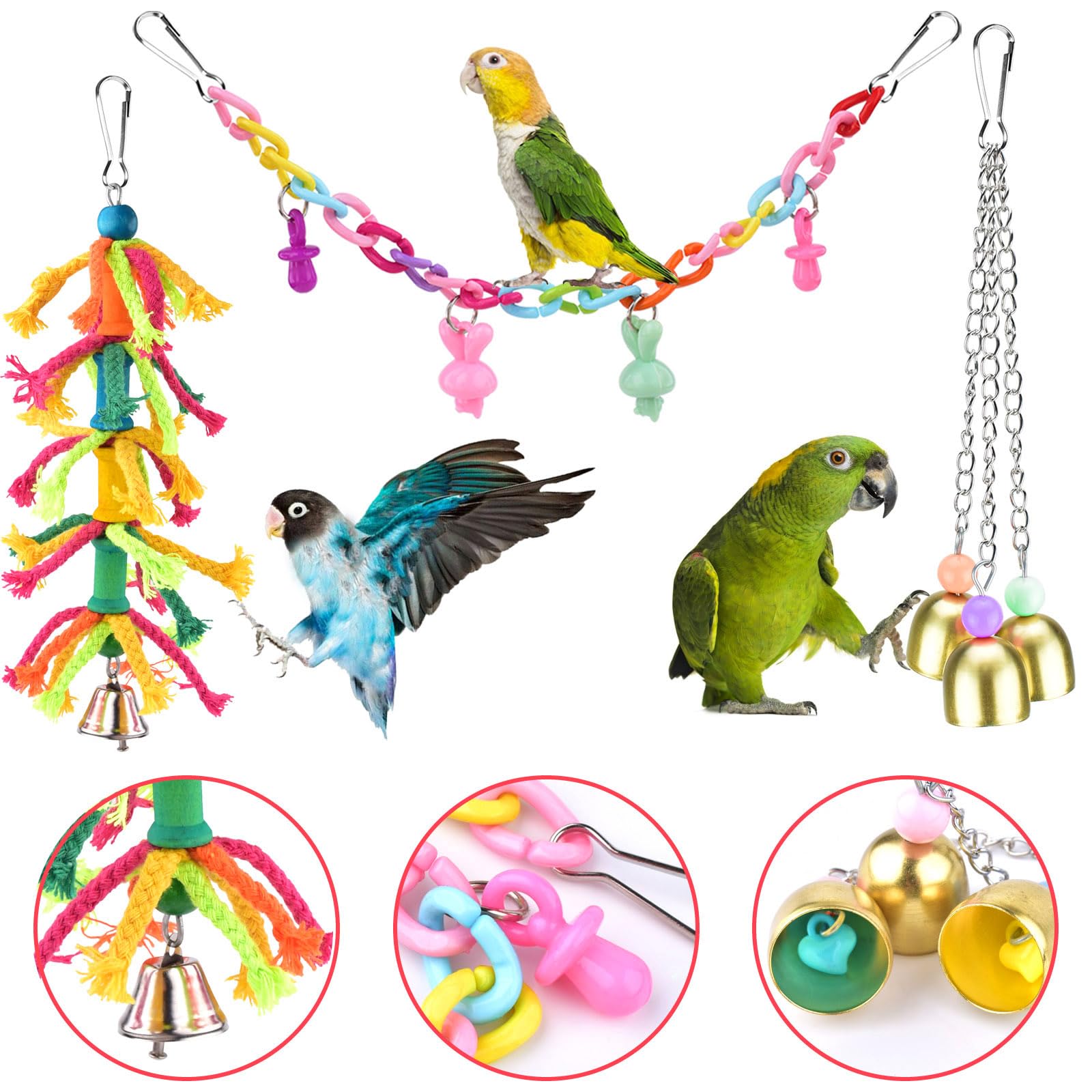 Katumo Bird Toys, Parrot Swing Parakeet Ladder Conure Wood Perch Bird Chew Toys Cockatiel Hanging Bell Toys For Parakeet, Conure