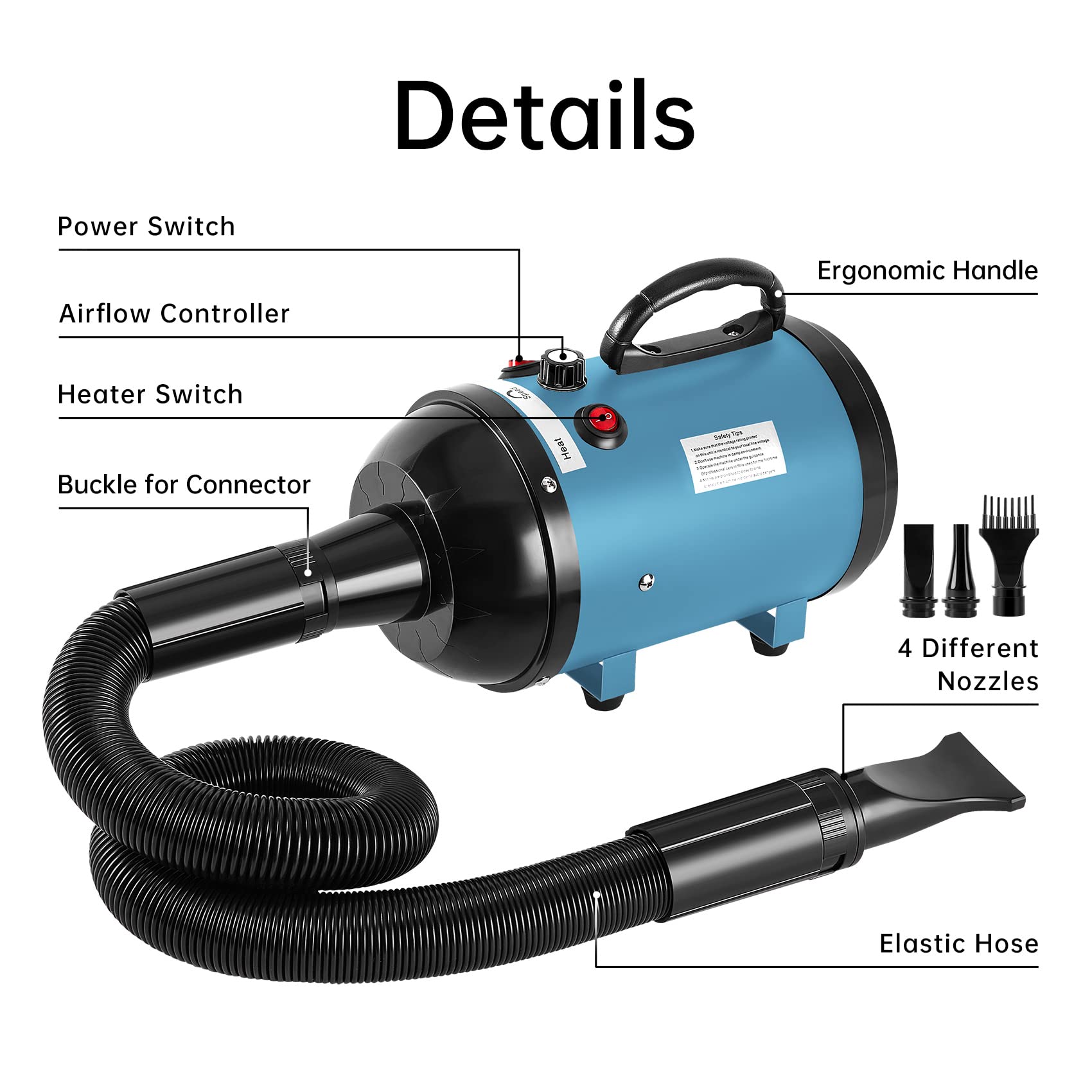 Nestroad Dog Dryer High Velocity Dog Hair Dryer,4.3Hp/3200W Dog Blower Grooming Force Dryer With Stepless Adjustable Speed,Professional Pet Hair Drying With 4 Different Nozzles For Dogs Pets,Blue