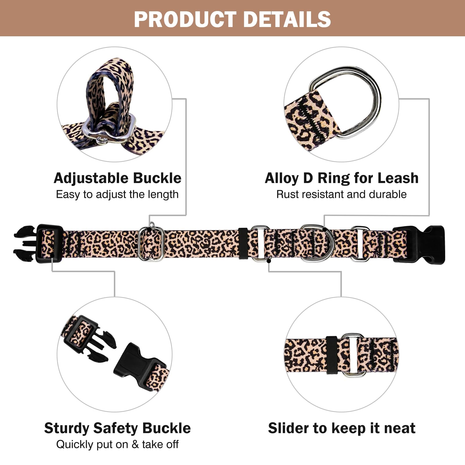 Hikiko Martingale Collar For Dogs Classic Leopard Dog Collar For Small Medium Large Dogs Durable Escape Proof Dog Collars (Leopa