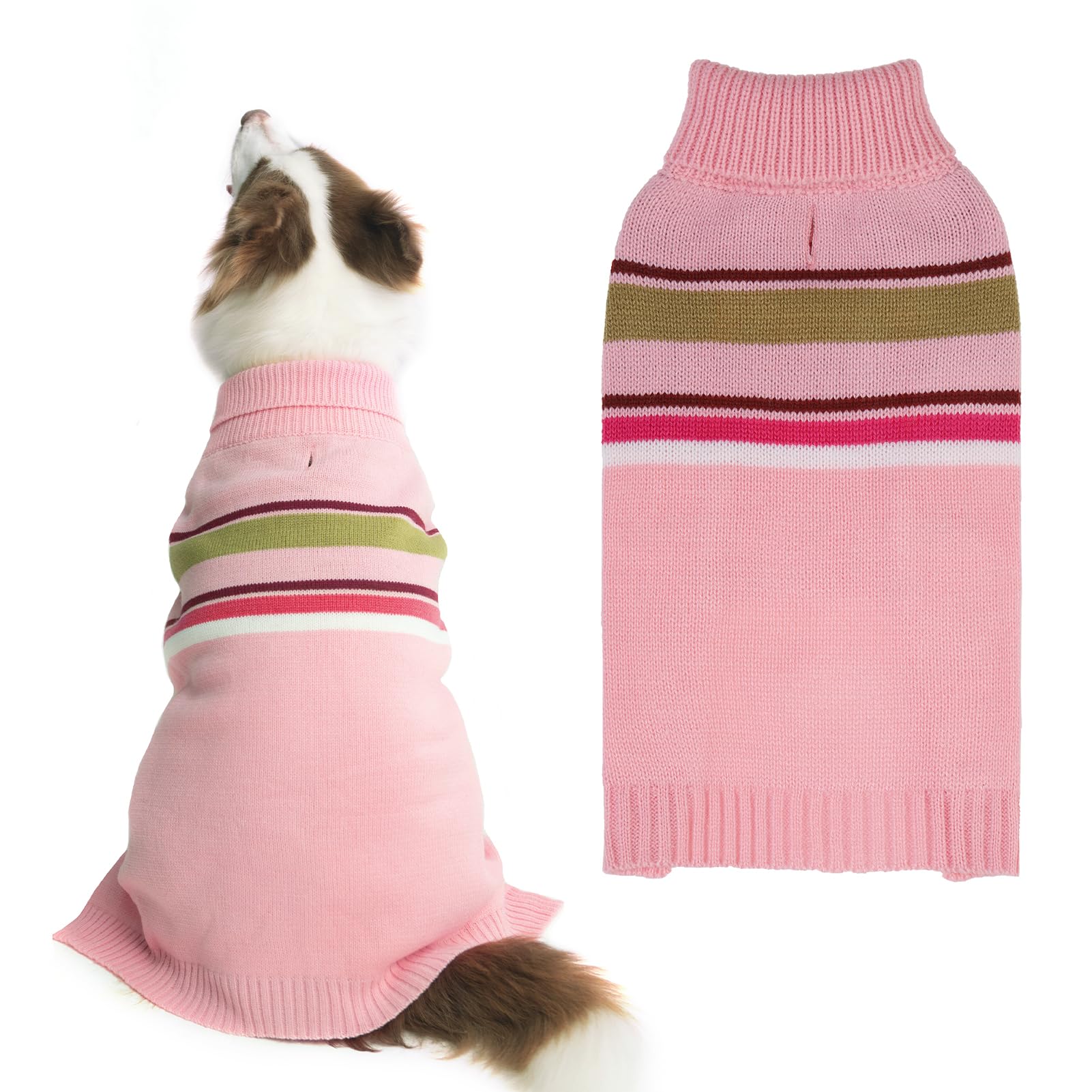 PAWCHIE Dog Sweater - Warm Turtleneck Coat for Large Dogs, Girls & Boys, Stretchy Knitted Outfit with Leash Hole, Pink L/XL
