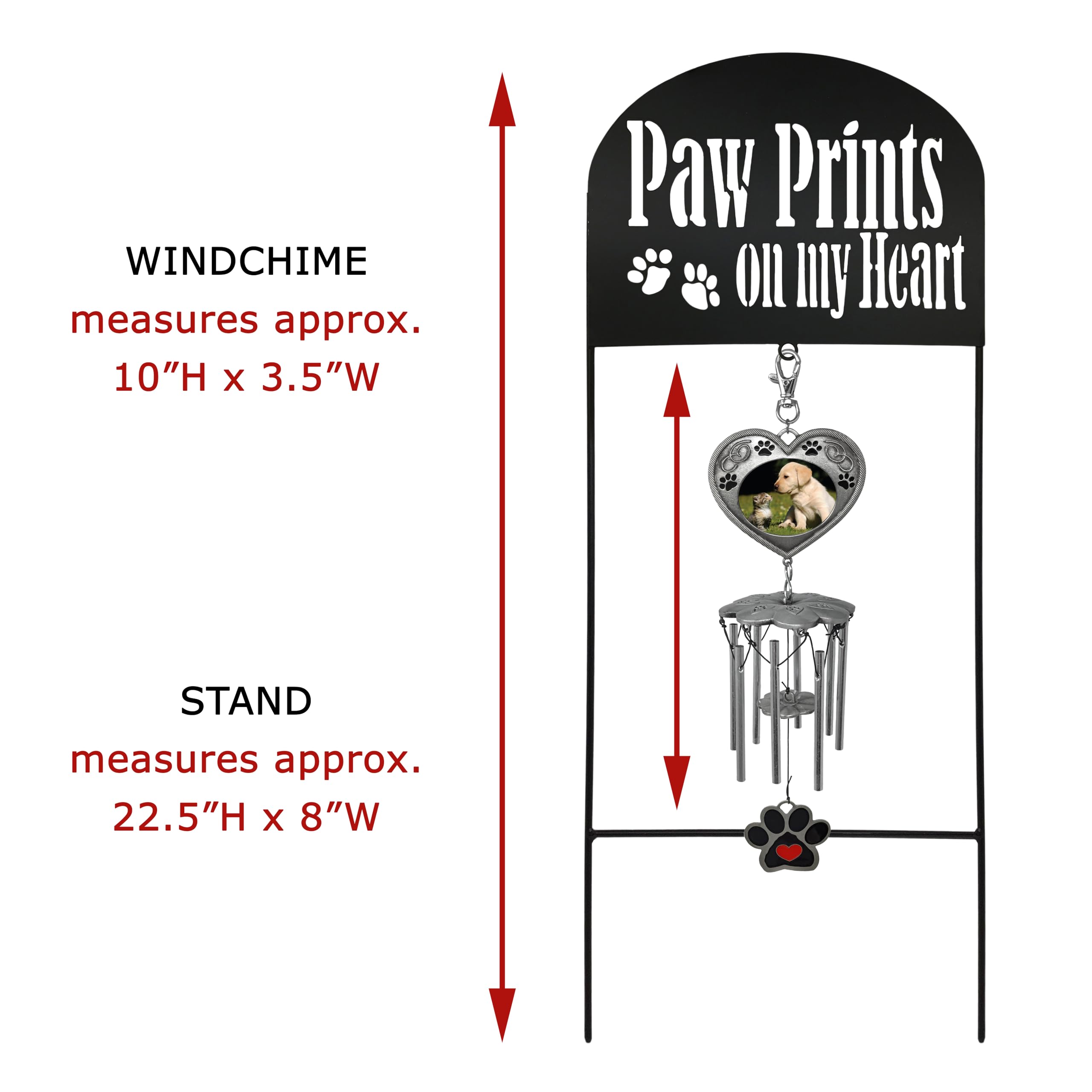 Pet Memorial Marker With Wind Chimes And Photo Frame- Black Wrought Iron Garden Stake And Windchime - Paw Prints On My Heart - Dog Or Cat Memorial Gift - Pet Sympathy Gifts