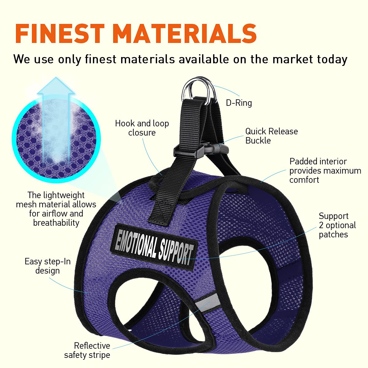 Dogline York Step In Mesh Dog Harness With Emotional Support Patches No Choke Pet Vest Soft Gentle Padded Chest Halter For Puppies Small Medium And Large Dogs 24-26 Inches Girth Purple