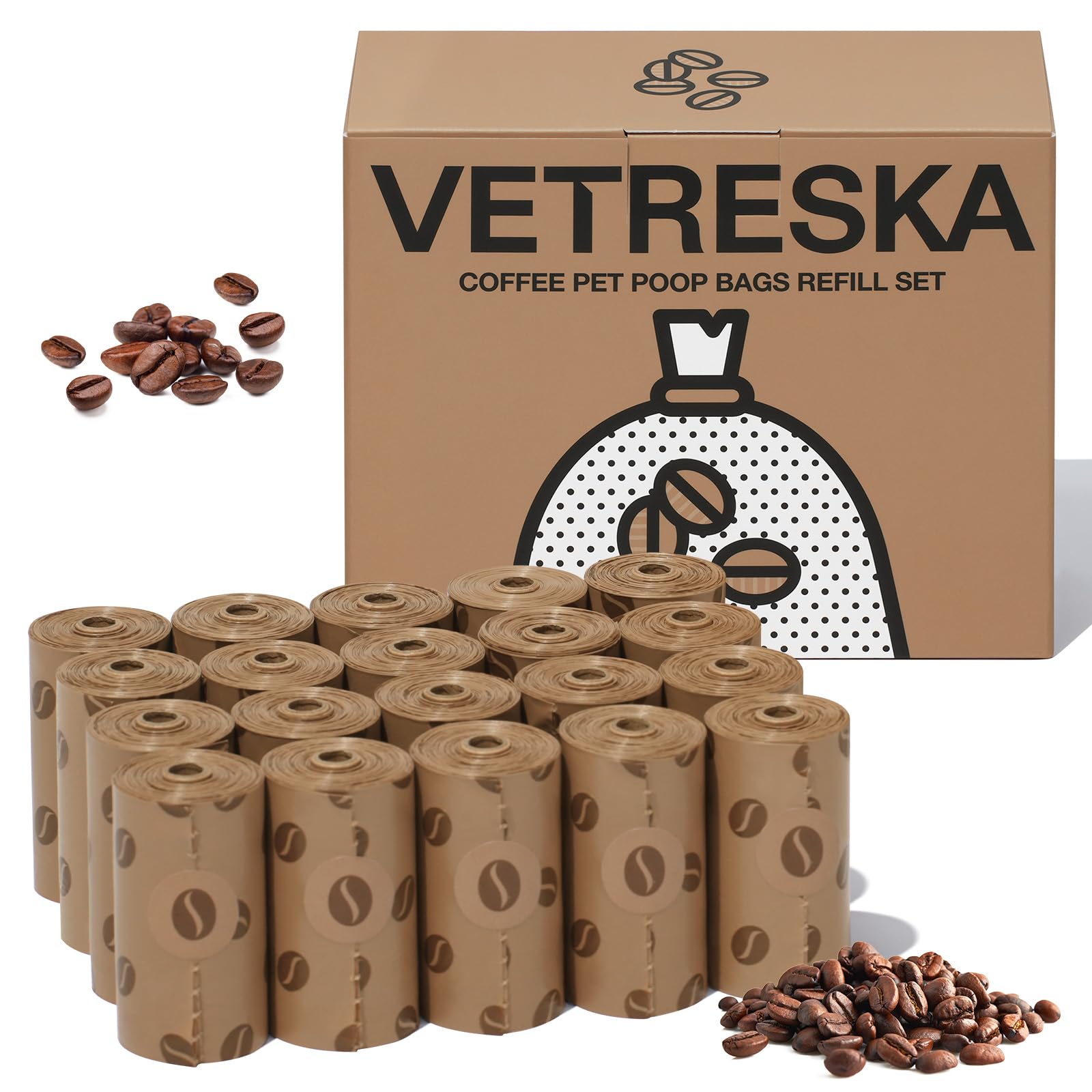 Vetreska Dog Poop Bags, Coffee Scented Waste Bags, Leak Proof, Extra Thick And Large Dog Pet Bags For Dogs And Cats - 300 Count 