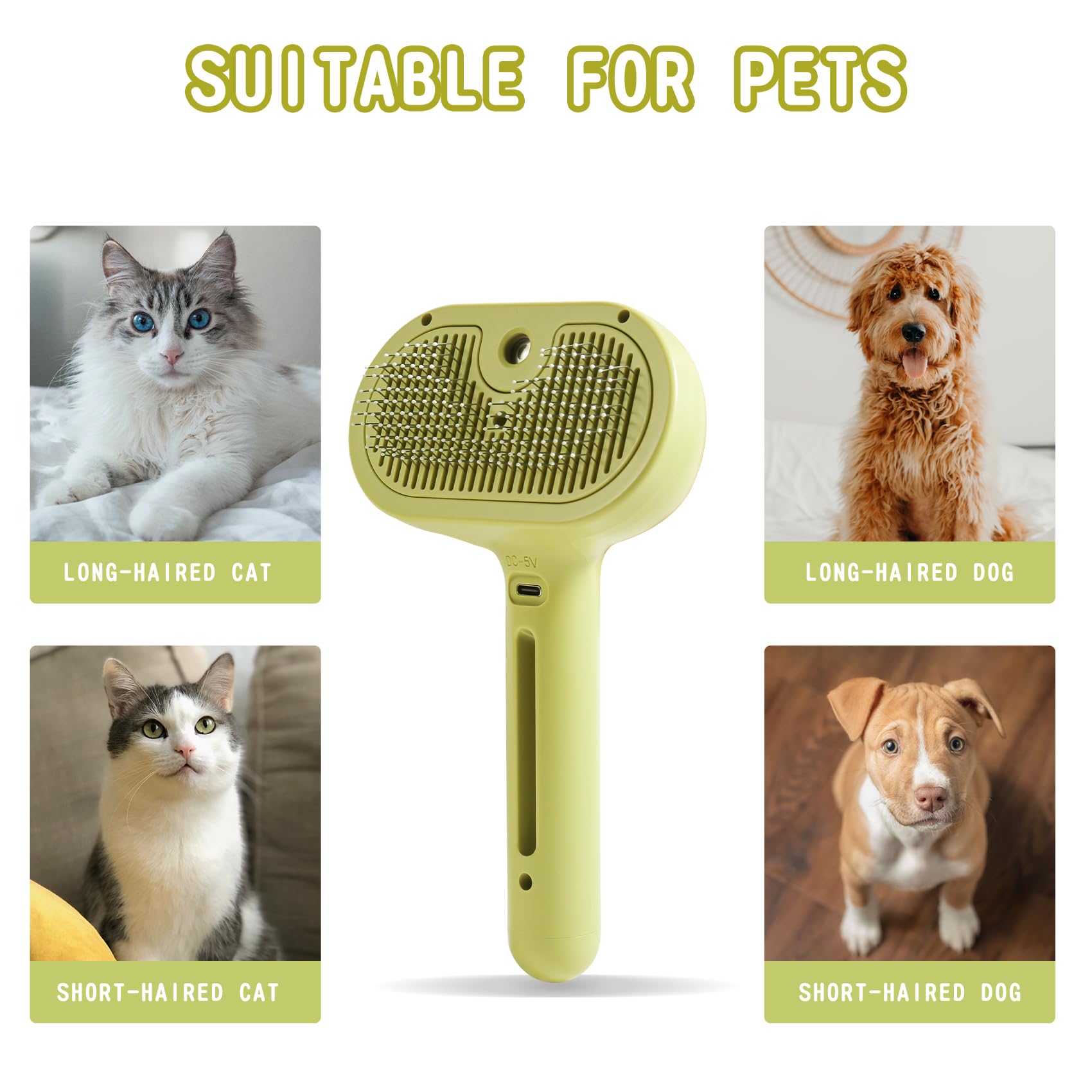 Cat/Dog Grooming Brush With Steamer - Deshedding Brush For Pet Hair, Bath Brush With Water Spray And Hair Comb (Yellow)