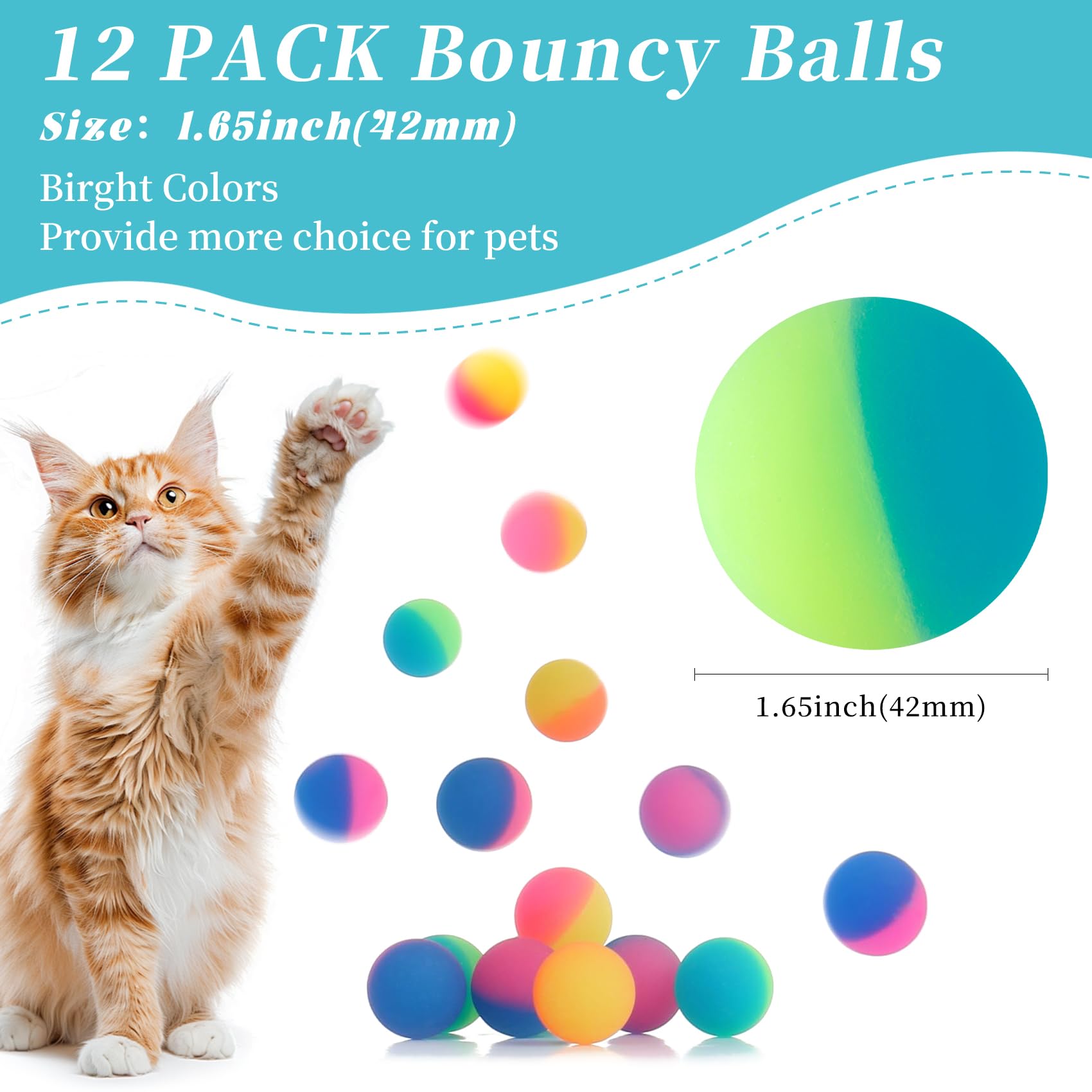 Cipsken Cat Toy Bouncy Balls, 12 Pack 1.65 Inch High Elasticity Bouncing Balls For Cats, Colorful Interactive Pet Toy Gift For P