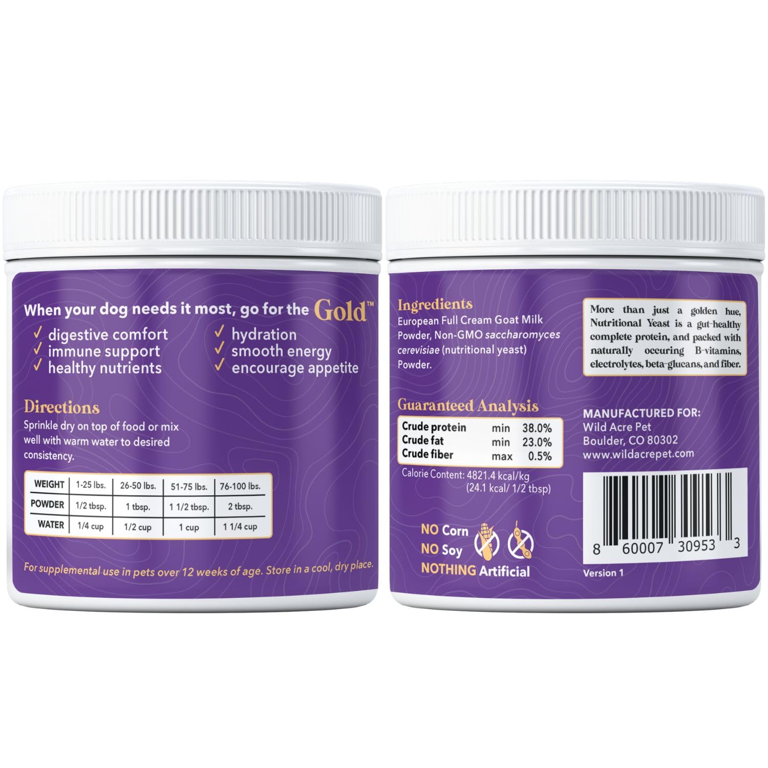 Wild Acre Goat Milk Powder for Dogs - Complete Protein Goat Milk with Nutritional Yeast for Sensitive Stomachs - Gentle Probioti