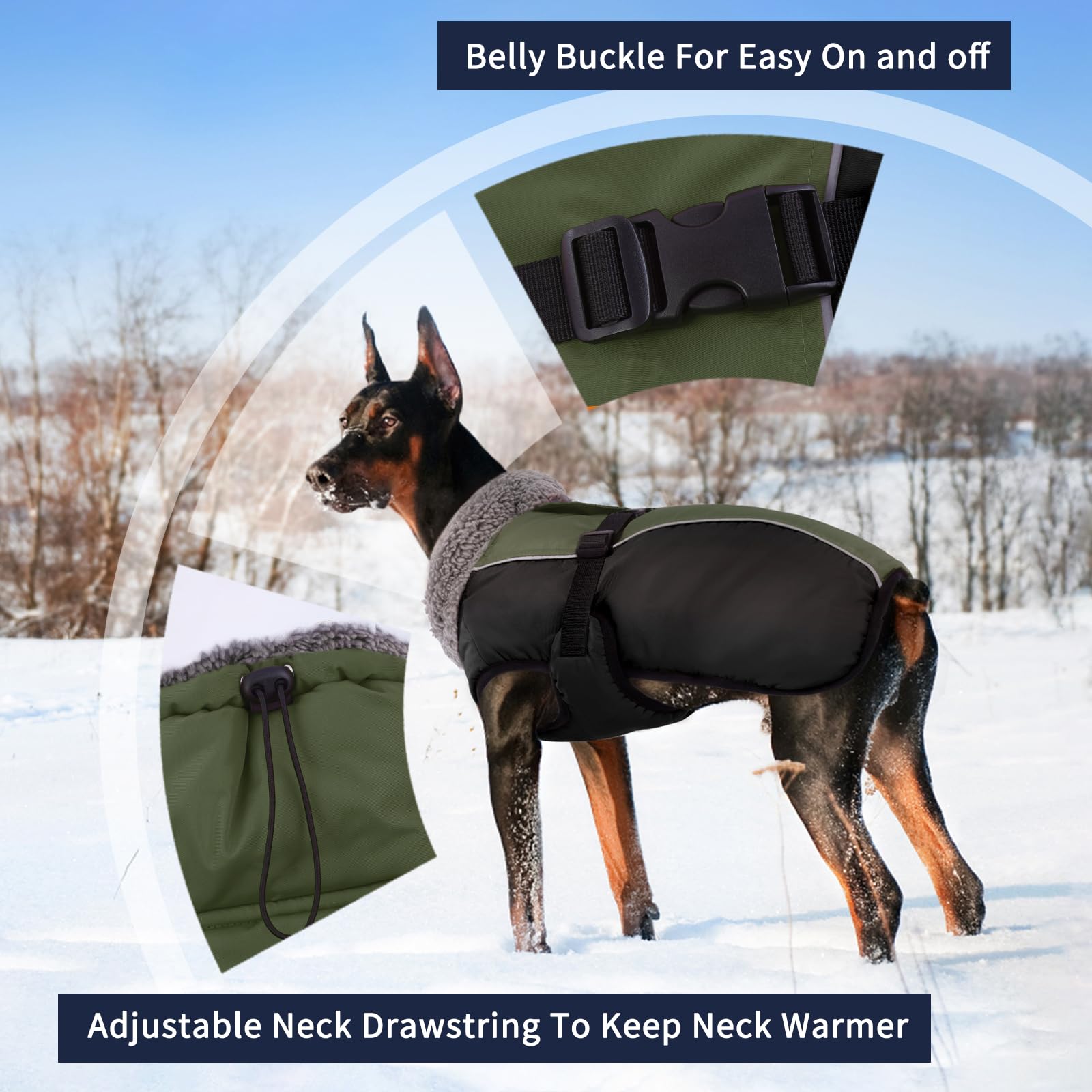 IECOii Extra Warm Reflective Dog Coat Jacket for Cold Weather, XXX-Large, Army Green, Adjustable with Buckle, Fleece Turtleneck