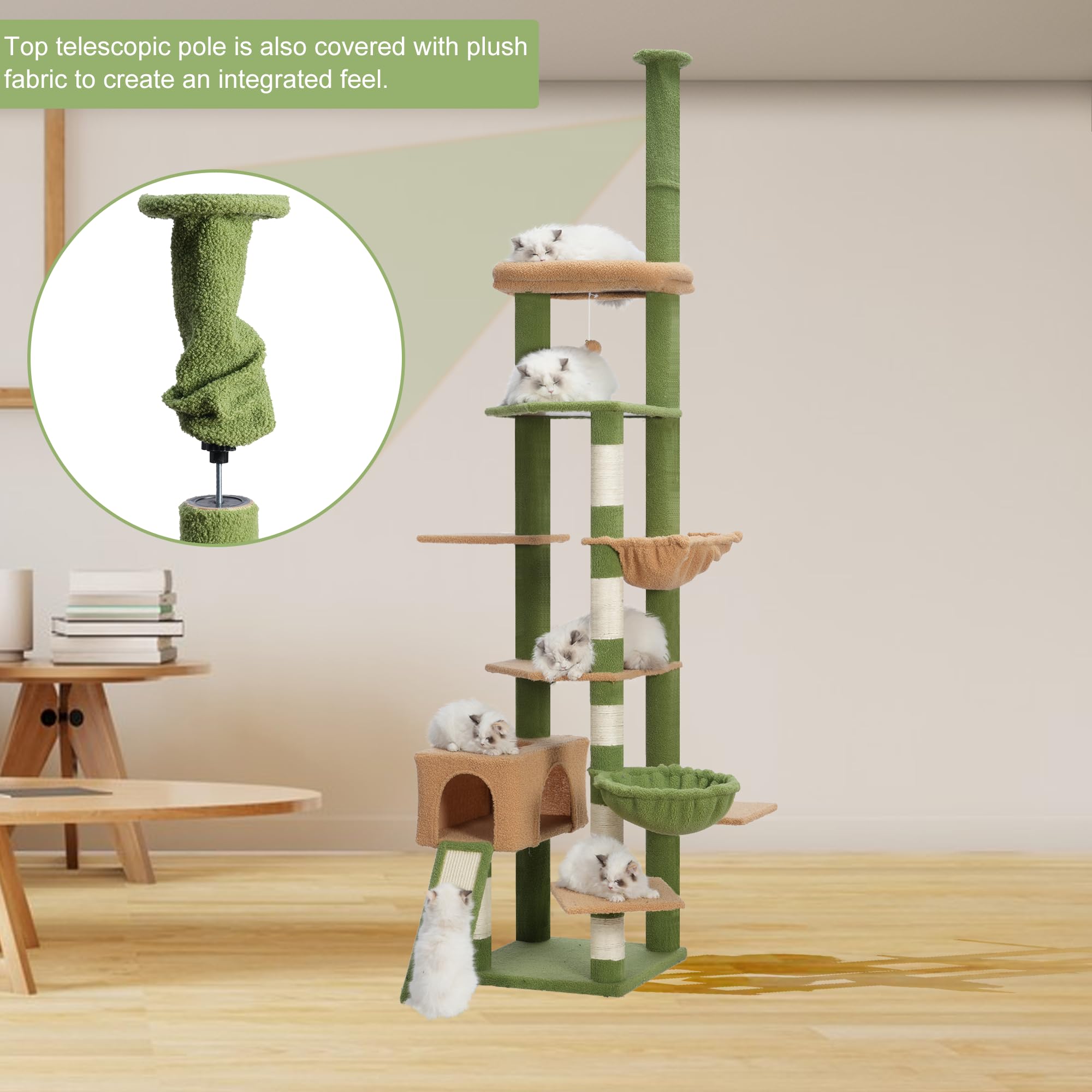 Hebly Cat Tree 92.5-104.3 Inches With Hammock, Floor To Ceiling Cactus Cat Condo,Tall Cat Climbing Tower Adjustable With Scratch