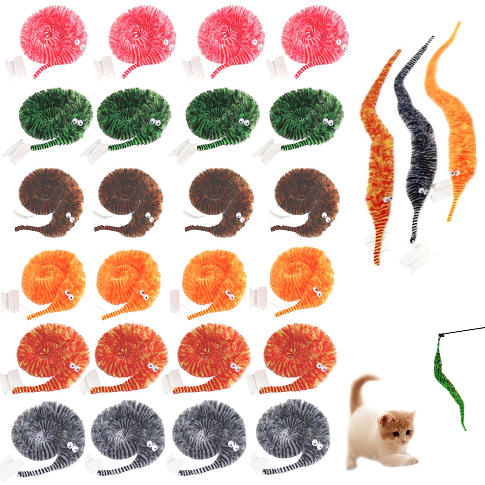 24 Pcs Cat Worm Toy Zebra Print Feather Worm Teaser Refills Attachment Cute Cat Wand Replacement Interactive Wand Accessories Fo