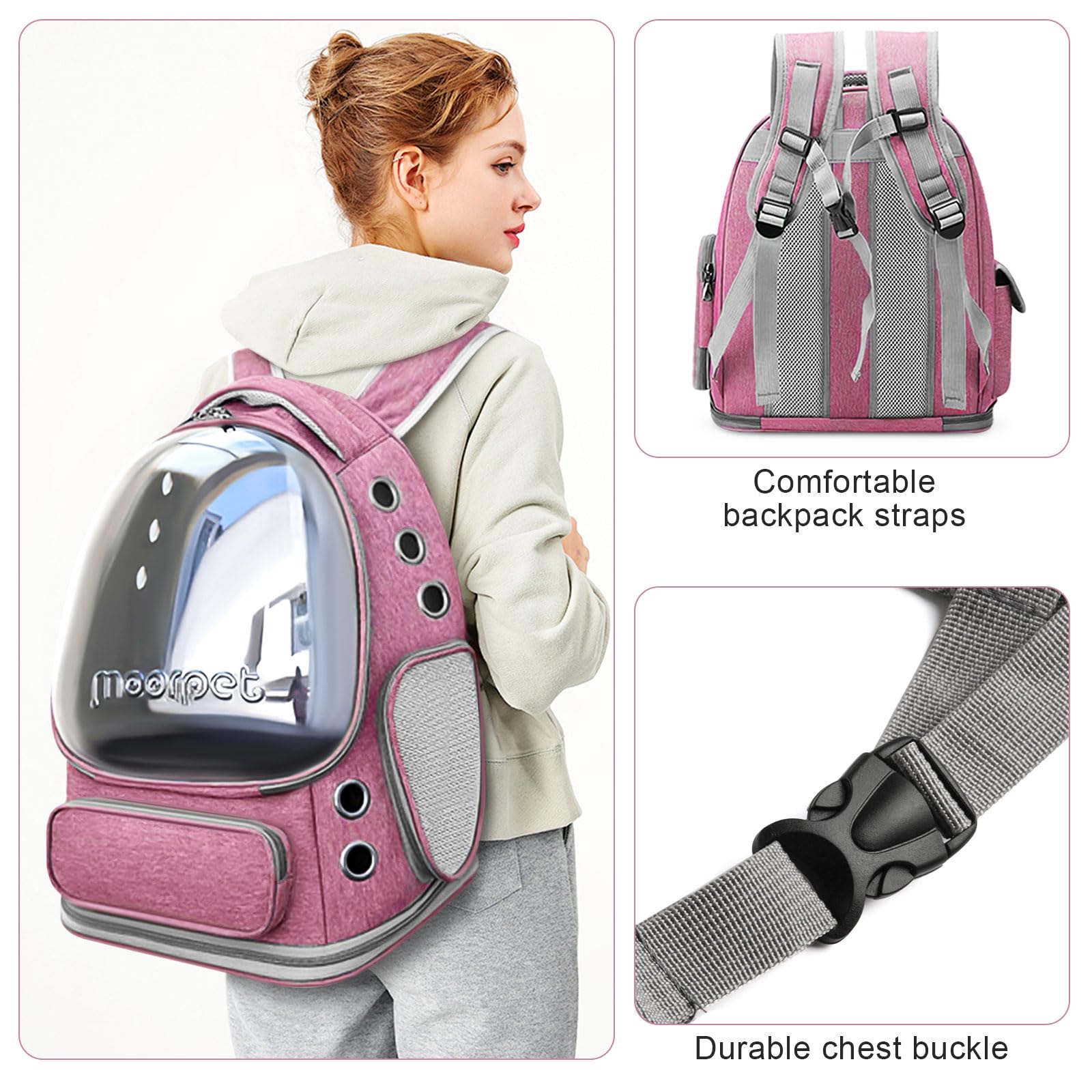 Foldable Cat Carrier Backpack, Breathable Bubble Design, Transparent, Airline Approved, Up To 20 Lbs (Pink)