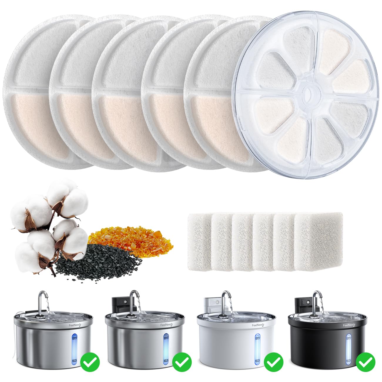 6 Pack Cat Water Fountain Filter & 6 Pack Pump Filter Sponges Replacement For [Fn-W08L] And [Fn-W06] - 6 Filters+1 Abs Shell+6 S