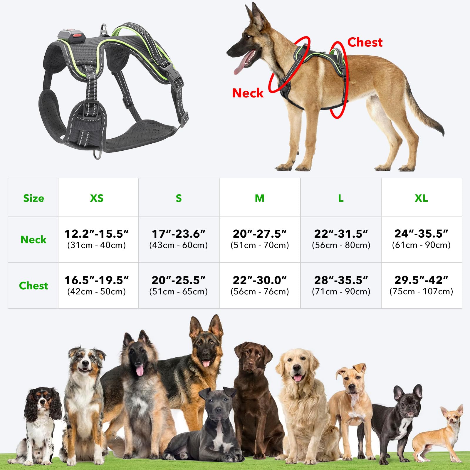 Light Up Dog Harness No Pull Led Dog Harness With Handle Vizbrite Rechargeable Lighted Dog Vest Harness For Small/Medium/Large/X-Large Size Dogs No Pull, 4 Point Adjustable Dog Harness Black-Green