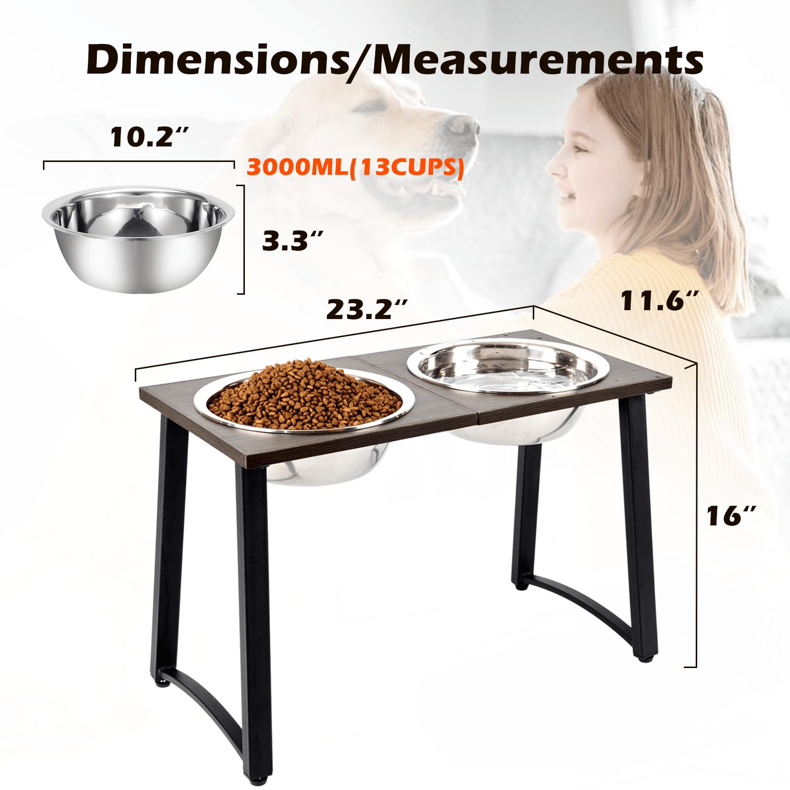 Adengl Elevated Dog Bowls For X-Large & Large Dogs, 16    Tall Raised Feeder Stand With 2  3000Ml Stainless Steel Bowls And Slow