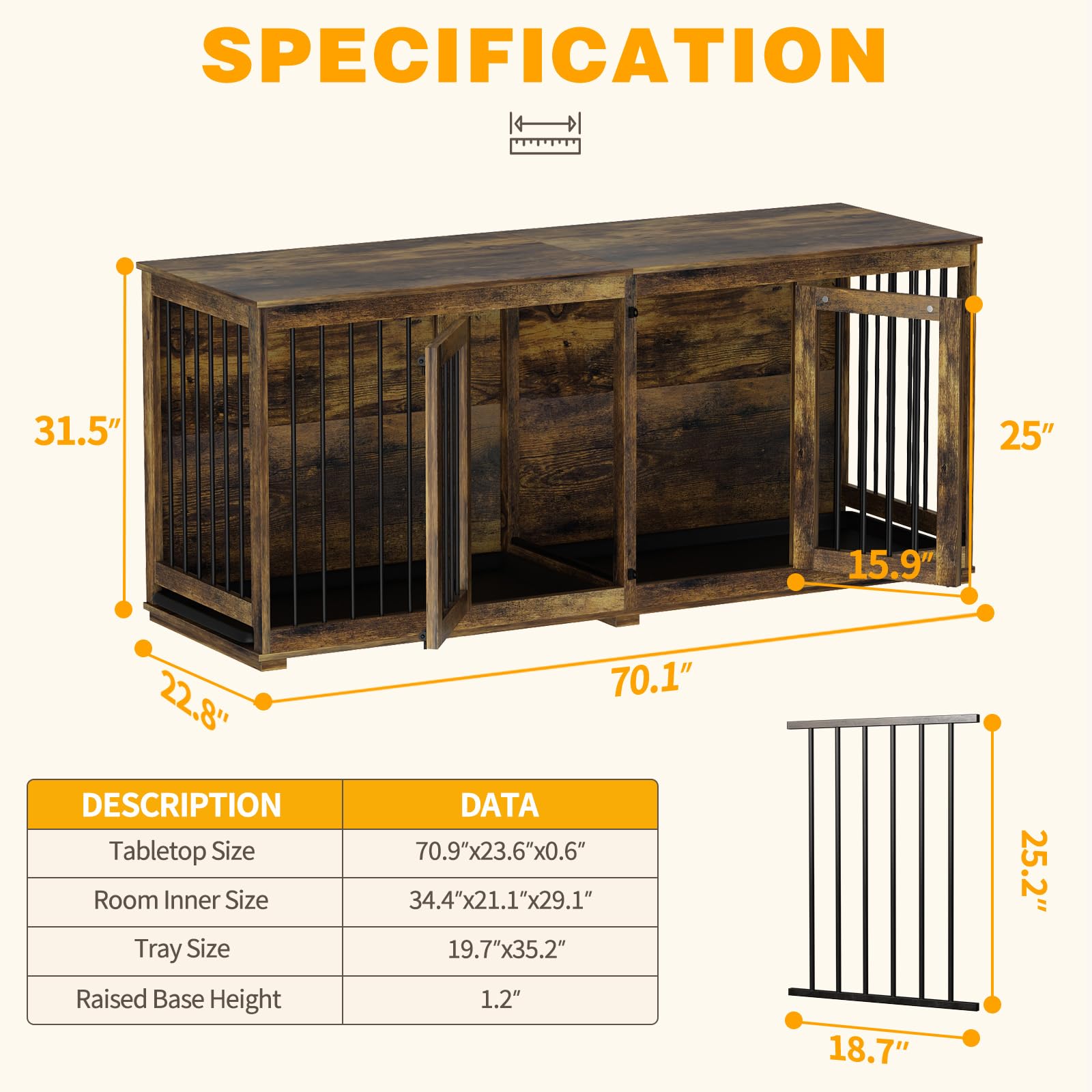 DAWNSPACES Large Funiture Style Dog Crate for 2 Dogs, 70  Wooden Dog Kennel Furniture with Removable Divider & 2 Trays, Indoor H
