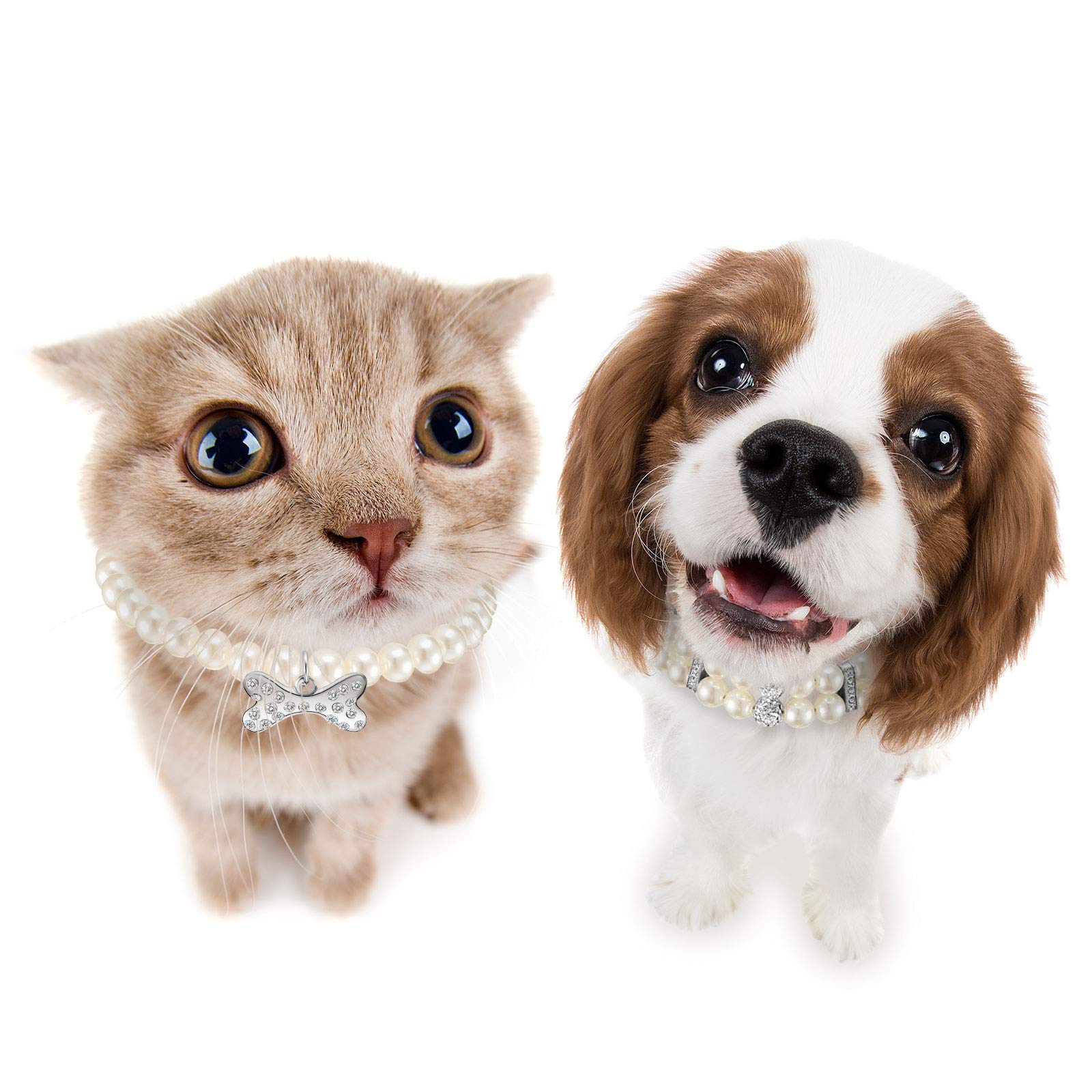 Hicarer 2 Pieces Small Dog Cat Pearl Collars And Pet Pearl Necklace Set Cute Fashion Pet Pu Leather Collars Necklace With Crysta