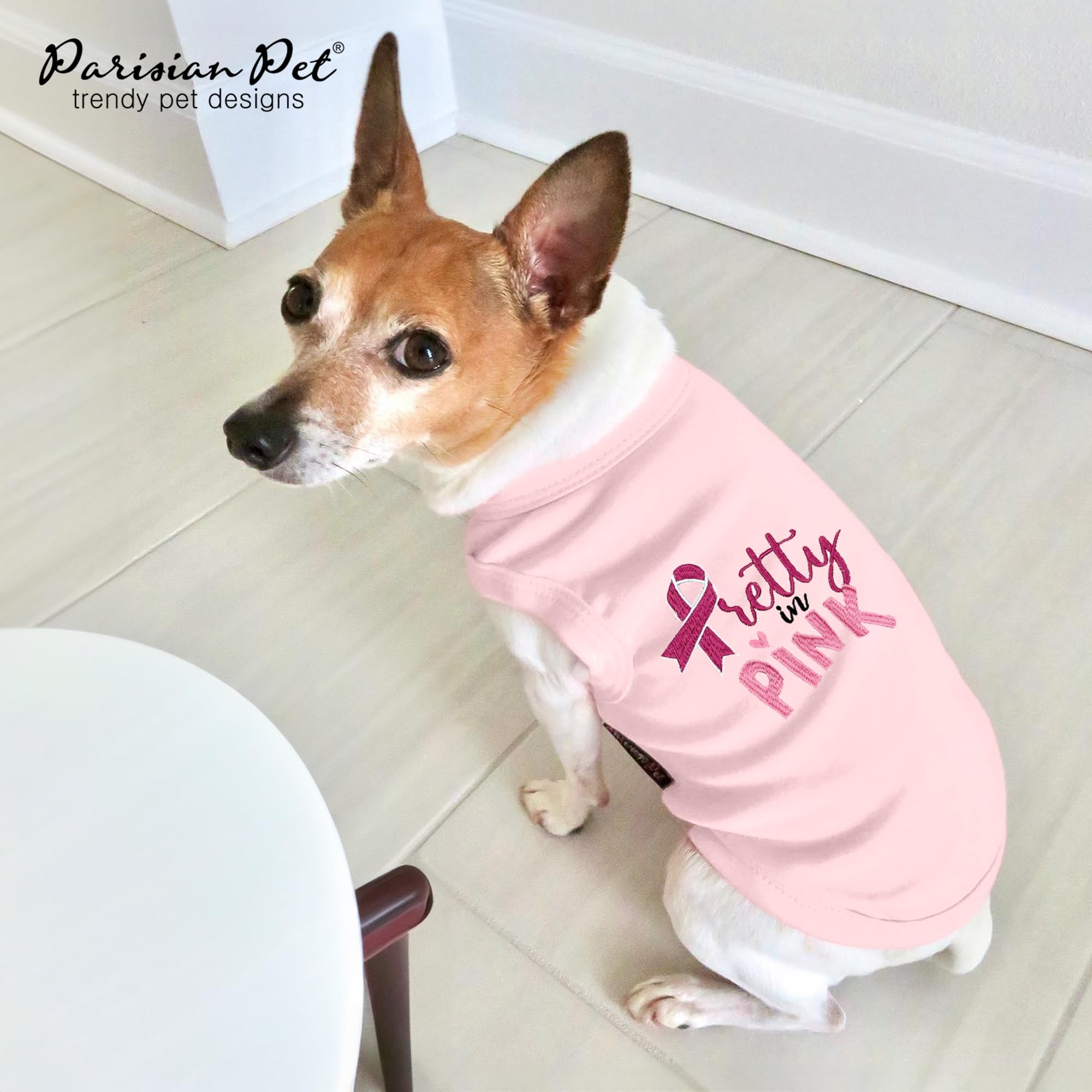 Parisian Pet Dog Tshirt - Embroidered “ Pretty In Pink “ Girl Dog Shirt - Breathable And Lightweight Dog Clothes - Sleeveless Dog Tee Shirts - Machine Washable Dog Shirt For Large Dogs - L