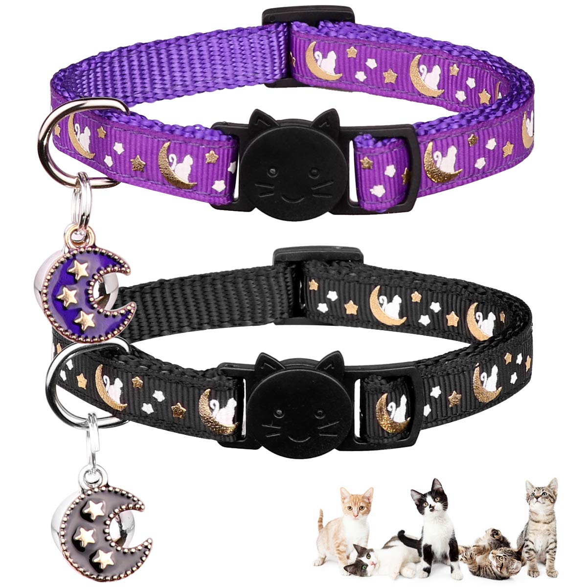 2Pcs Breakaway Cats Collars Cat Collars For Boy & Girl Cats Adjustable Kitten Collars With Bell,Purple+Black,8'-13.1'