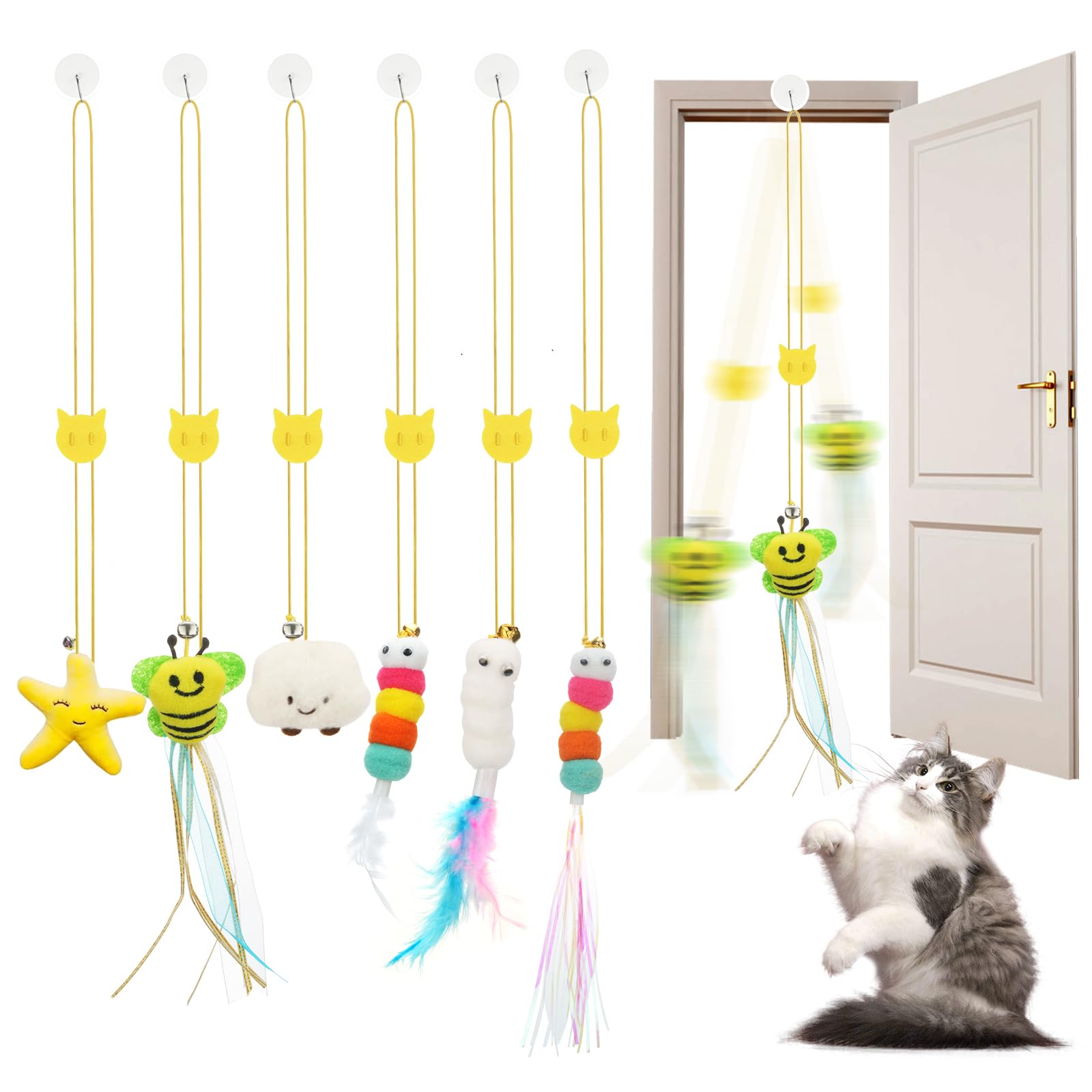 Jiaron 6 Pcs Interactive Cat Feather Toys, Indoor Hanging Retractable Cat Toy, Self Play Toys Make Fun Excecise