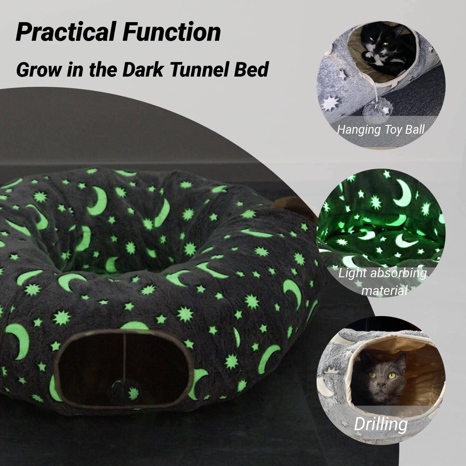 Luckitty Cat Tunnel Bed Tube With Cushion And Plush Ball Toy Playground Crinkle Collapsible Self-Luminous Flannel Fabric 3Ft For