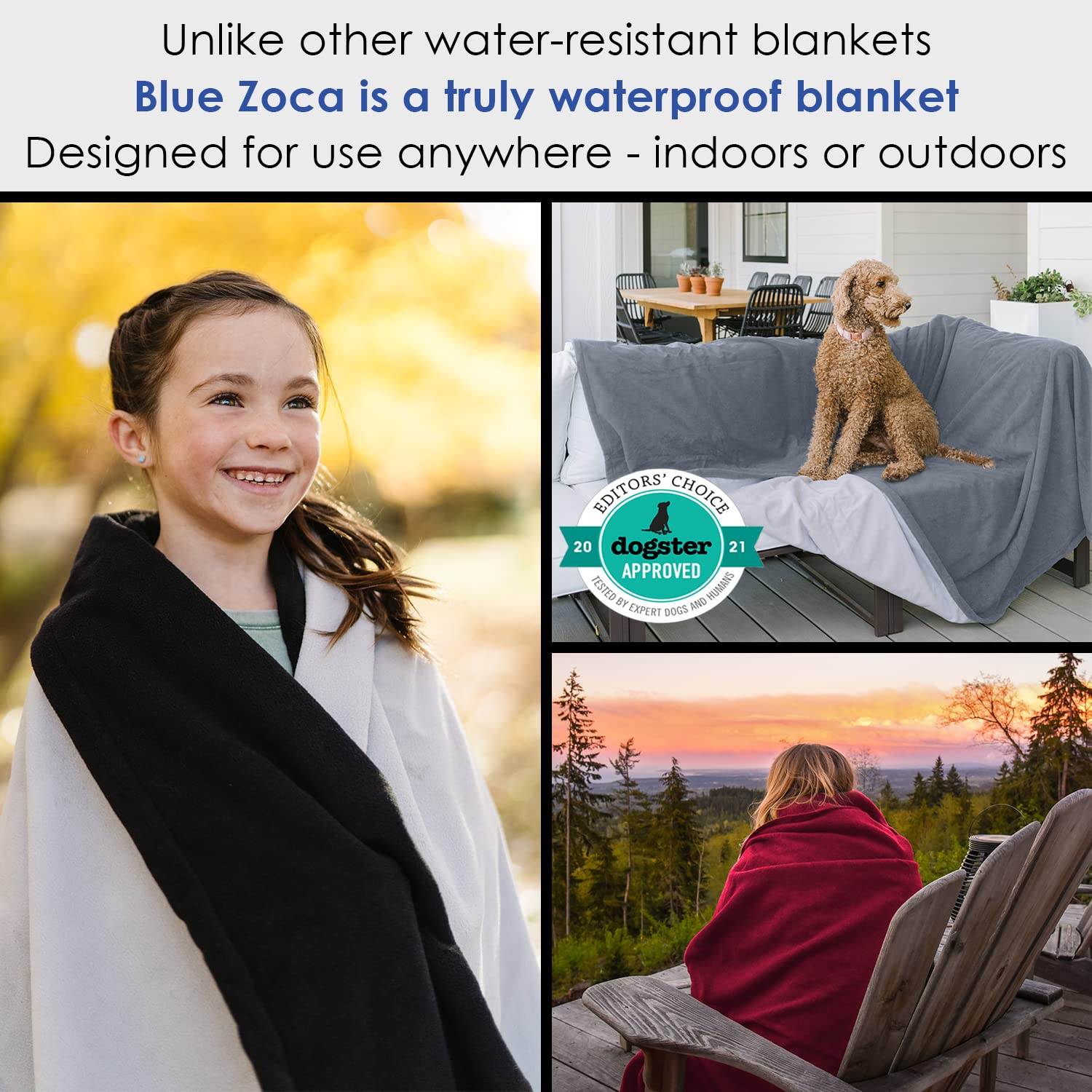 Blue Zoca Waterproof Blanket for Indoors & Outdoors | Machine Washable, Multi-Purpose Throw to Protect Your Bed Couch Car from L