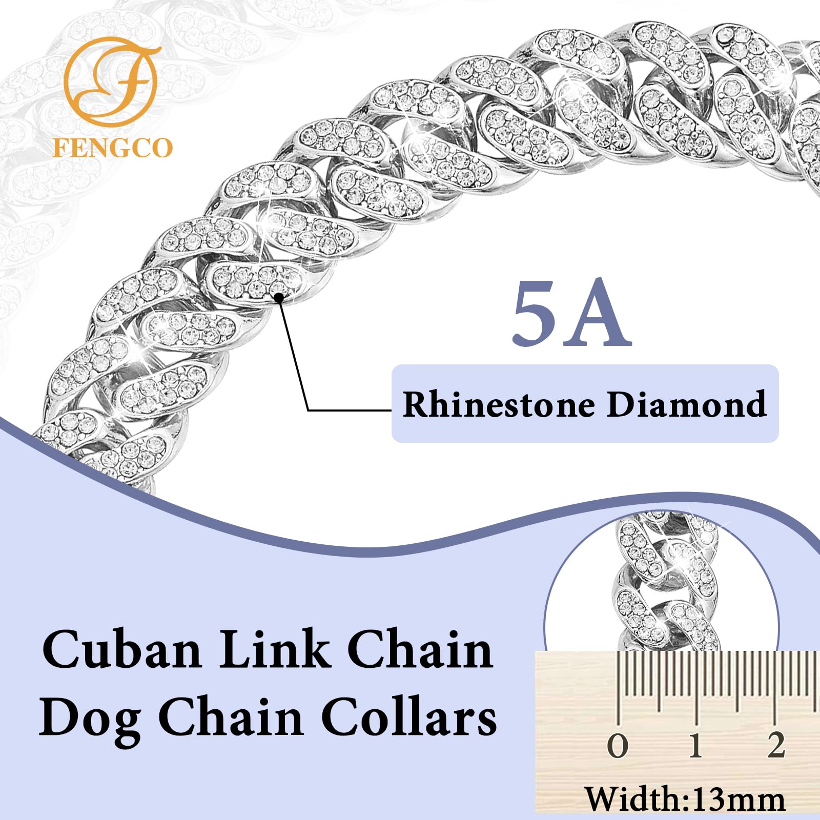 Fengco Silver Dog Chain Collar Diamond Cuban Link 13Mm Wide Dog Necklace Metal Cat Chain Pet Crystal Collar Jewelry Accessories
