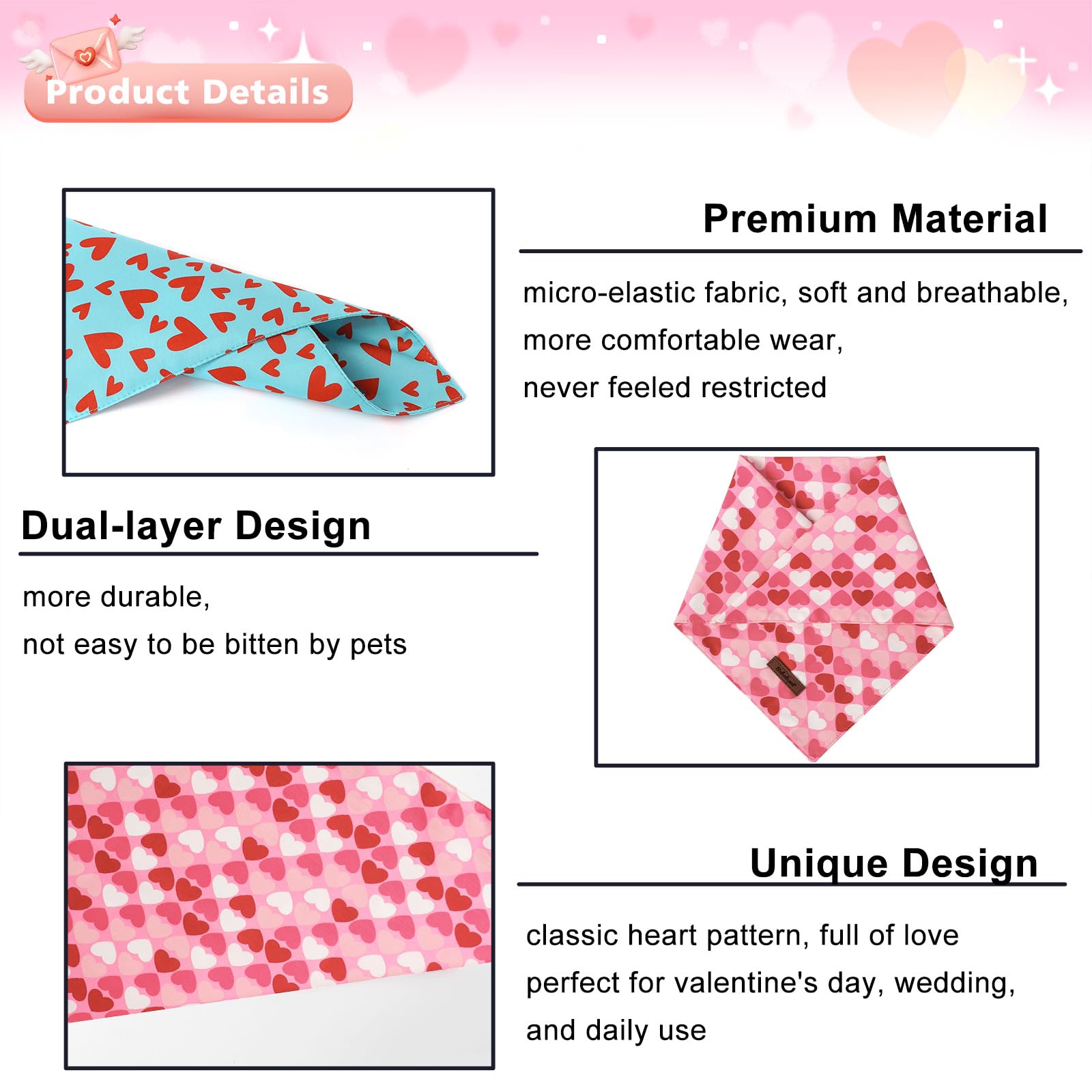 Babole Pet Valentines Dog Bandanas 2 Pack, Pink And Sky Blue Heart Pattern Valentine Dog Scarf Bib For Boy And Girl, Cute Holida