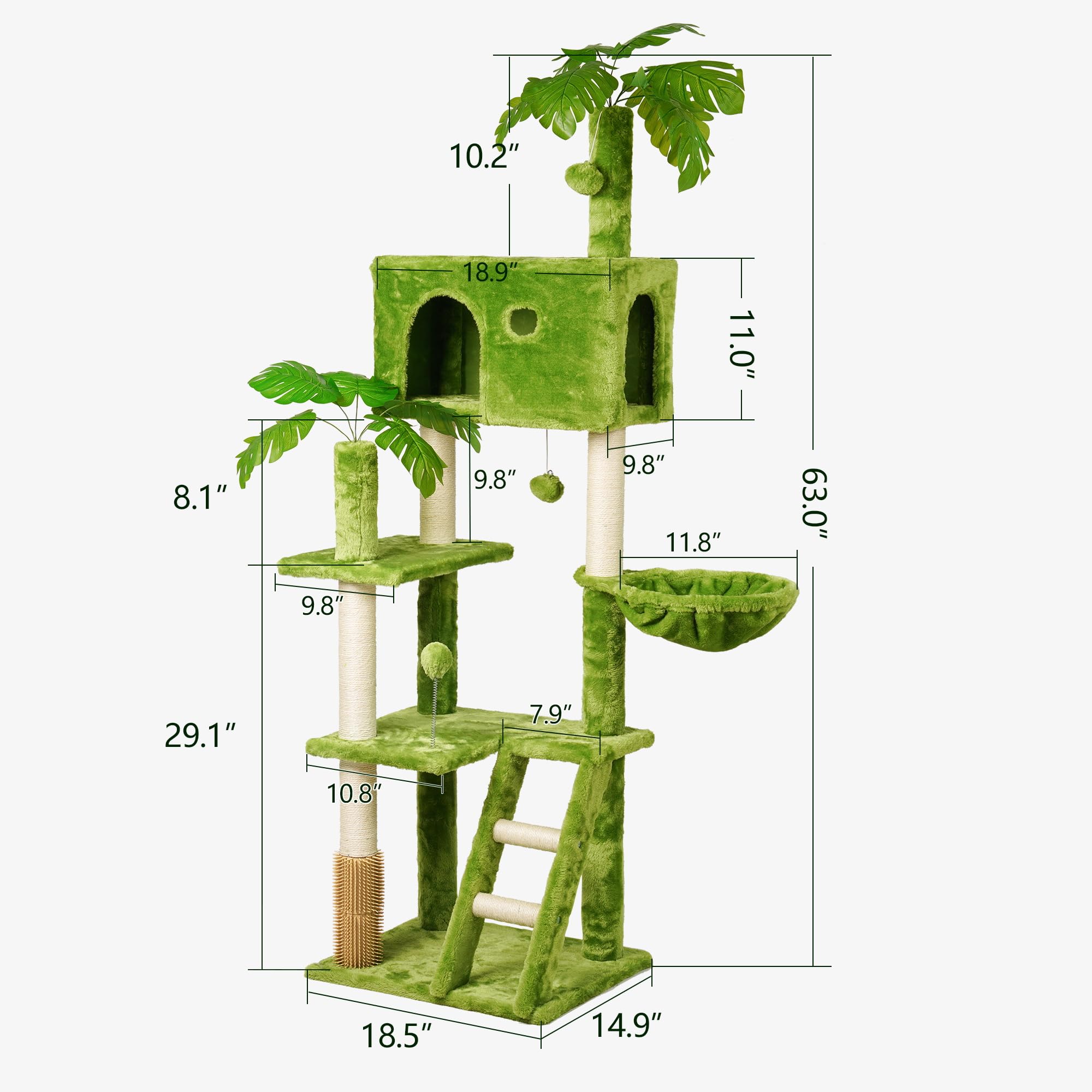 Meecal Large Cat Tree With Leaves For Indoor Cats Large Adult,65'' Green Cat Tower With Scratching Post,Hanging Hammock,Cozy Per