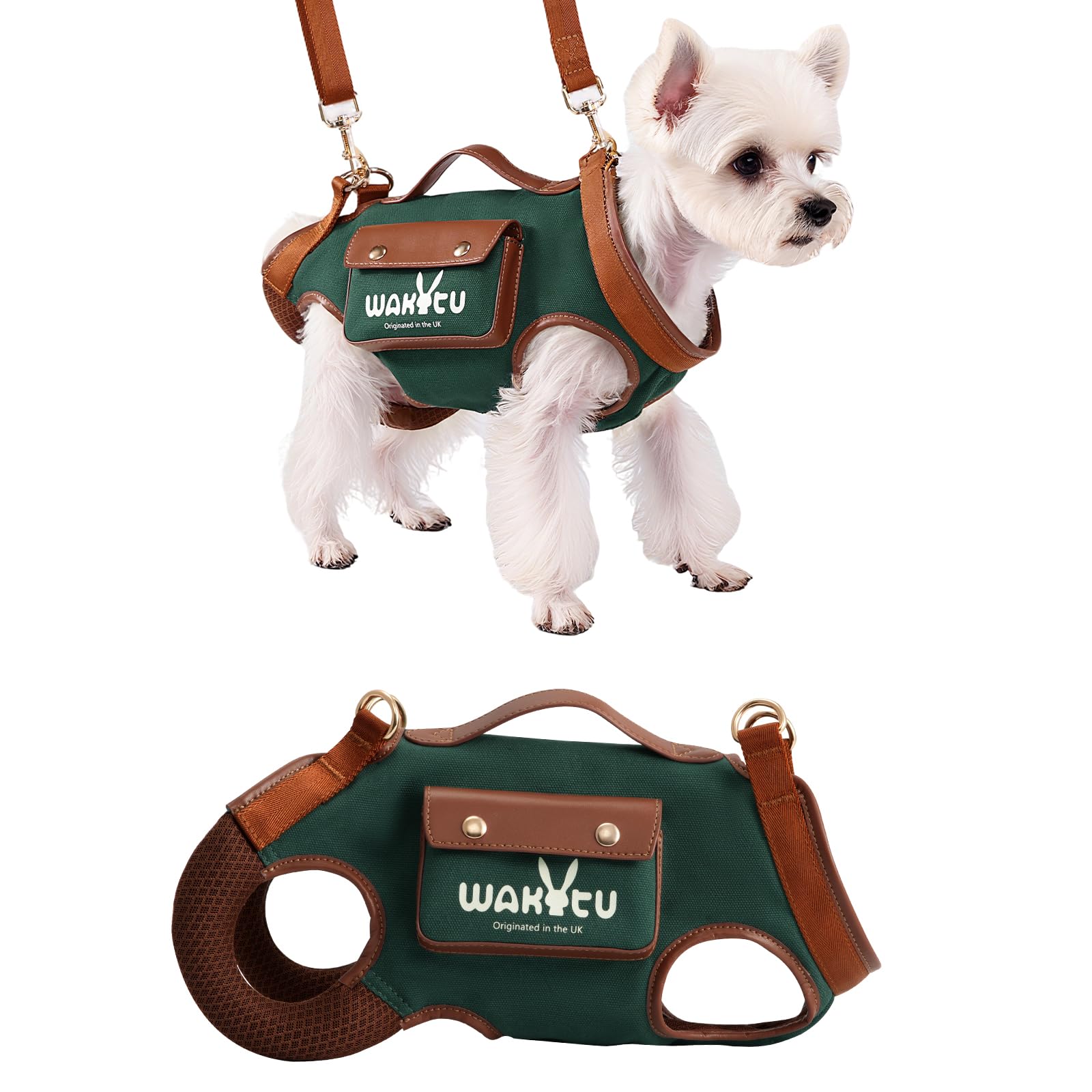 Wakytu Dog Lift Harness Dog Carrier Dog VES Harness Adjustable Dog Leash with Small Puppy Treat Bag(Green,S)