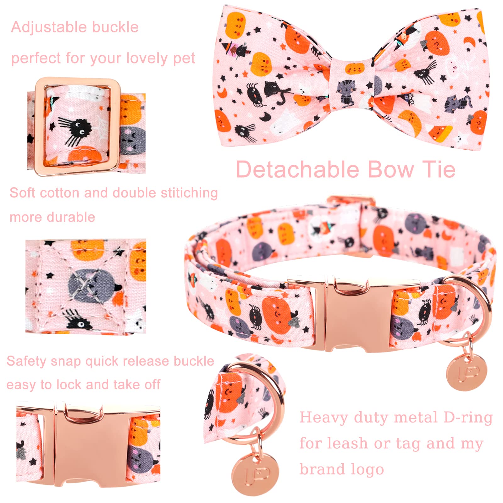 Up Urara Pup Halloween Dog Collar With Bow Tie, Pumpkin Cotton Bowtie Collar For Small Girl Dog, Female Halloween Bow Tie Collar With Durable Metal Buckle, Adorable Pet Collar, S, Neck 10-16In