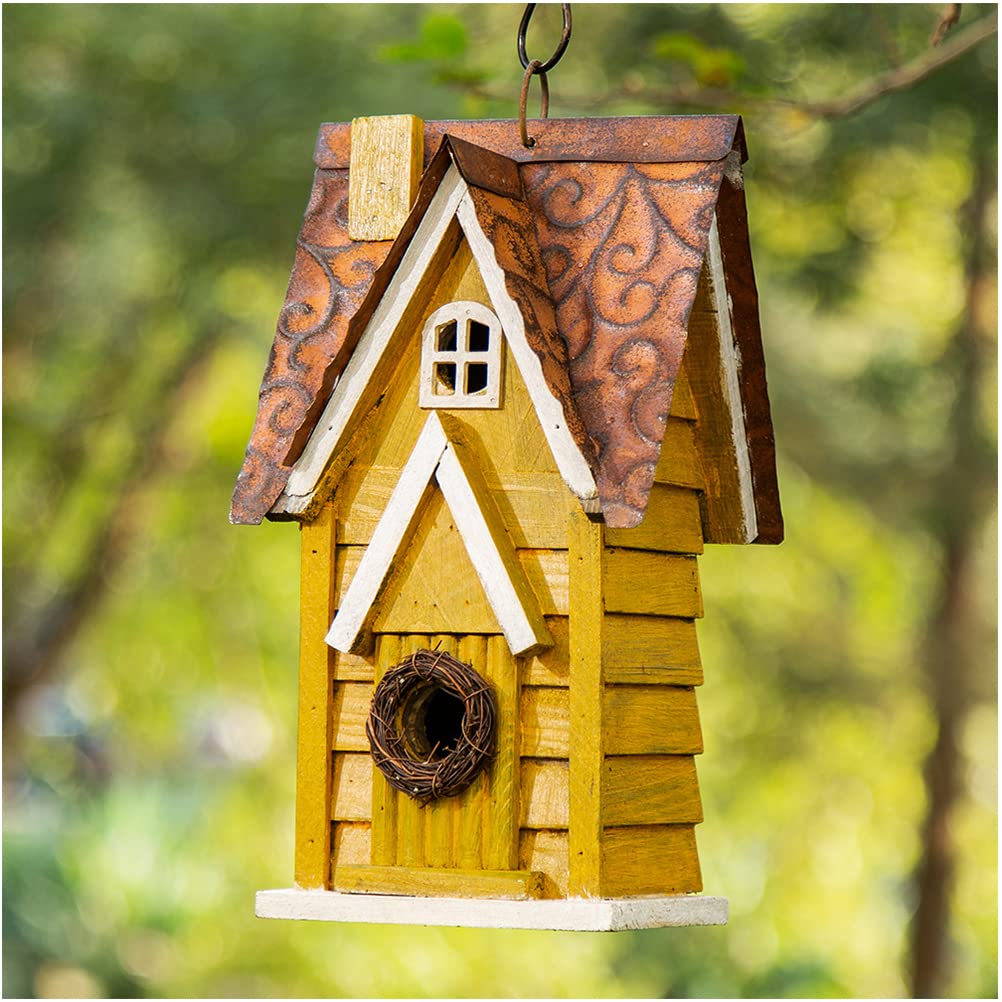 Glitzhome 12  H Yellow Distressed Solid Wood Cottage Birdhouse Hanging Bird House for Outdoors