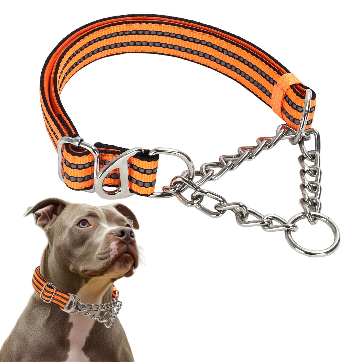Martingale Collar For Large Dogs, Orange Reflective Nylon Dog Chain Collar Escape Proof Heavy Duty Dog Collar With Stainless Ste
