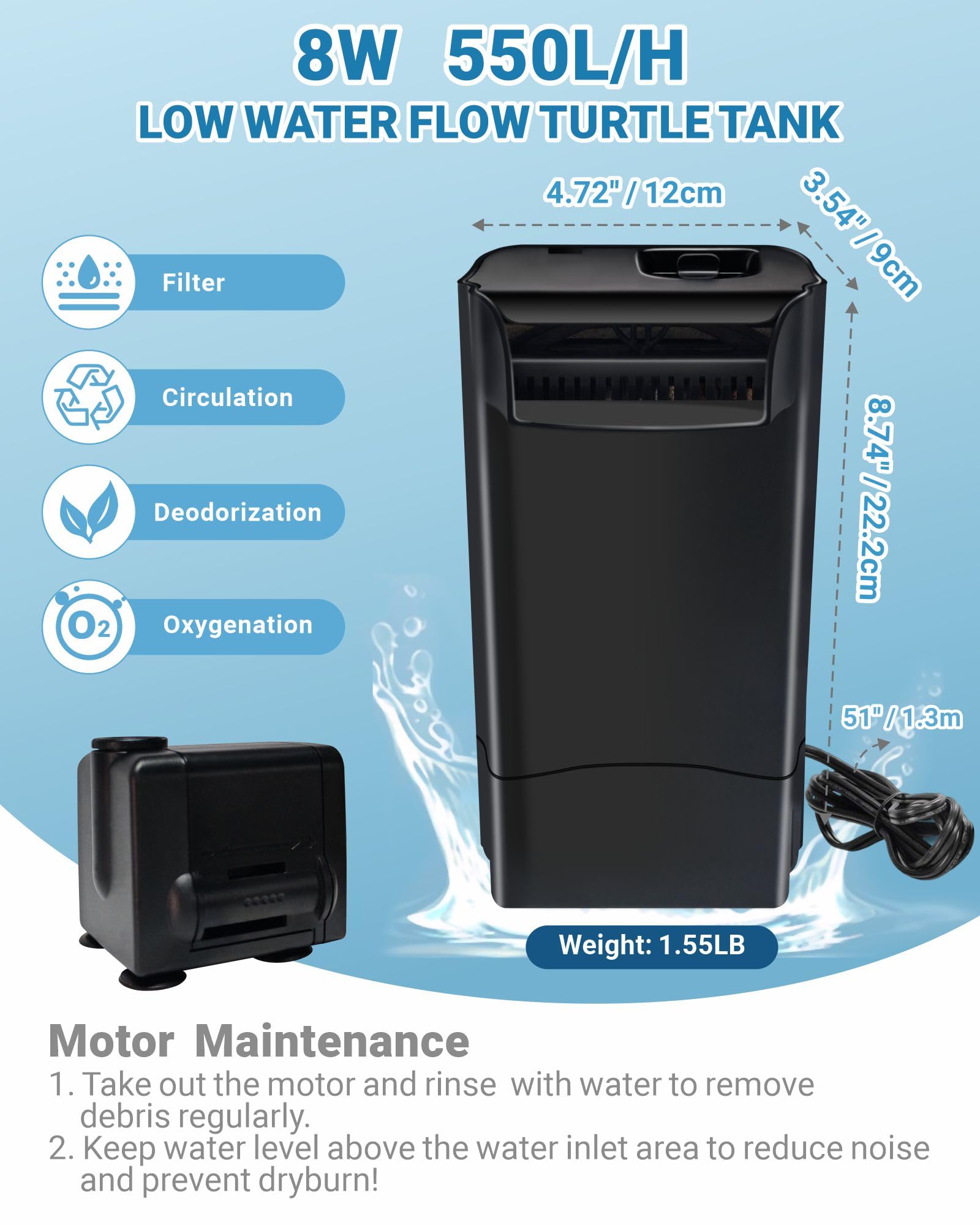 GOZILLA Turtle Tank Filter 8W 148GPH Adjustable Water Flow, Aquarium Filter for Low Water Level Tank, Turtle Filter Quiet Waterf