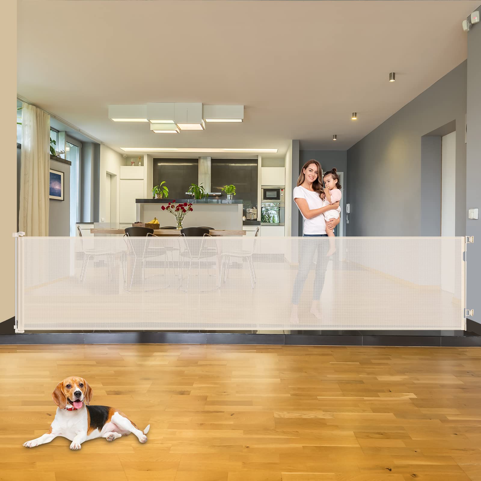 110 Inch Extra Wide Retractable Baby Gate For Large Openings Pet Gates For Dogs Indoor Retractable Baby Gates Outdoor Dog Gates For The House Extra Wide Baby Gate Large Dog Gate For Doorways, Beige