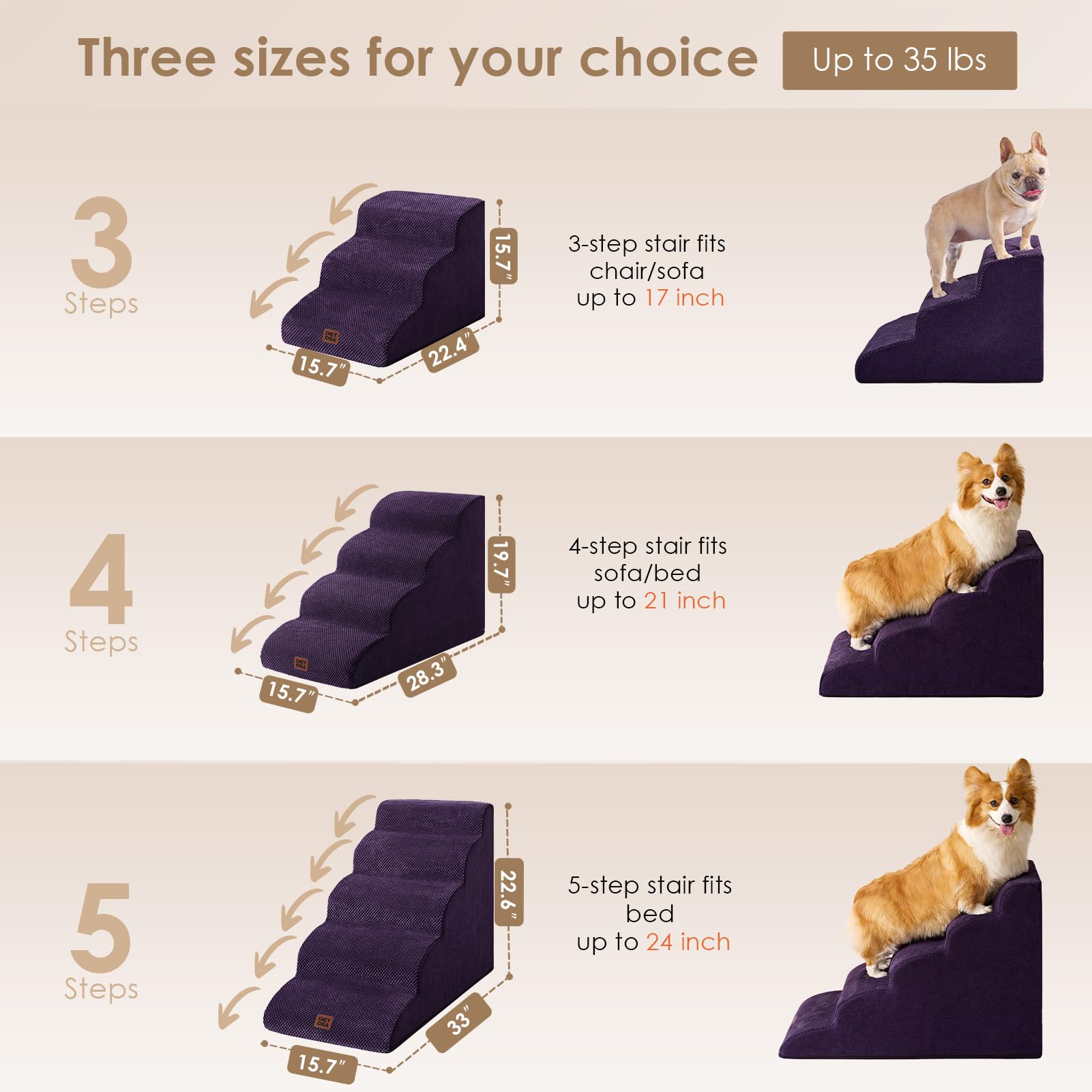 EHEYCIGA Curved Dog Stairs Ramp - 4-Step Pet Steps for High Beds, Non-Slip, Purple, 19.7" H, Model ECUS24PPT10FB