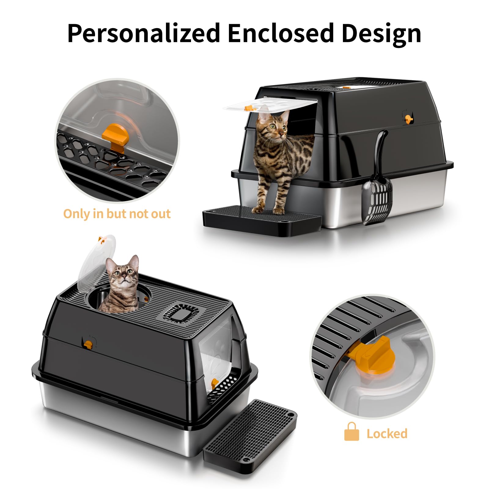 Eosarcu XL Stainless Steel Cat Litter Box with Lid, Extra Large Enclosed Litter Box for Big Cats, High Sided Metal Litter Box wi