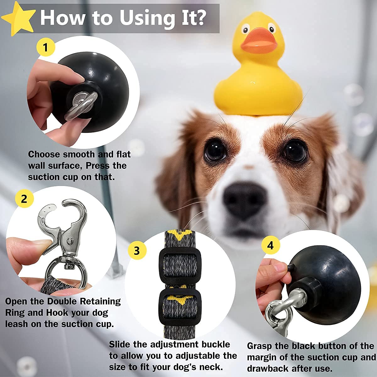 Dog Bathing Tether With Heavy Suction Cup, Dog Grooming Tub Restraint Leash With Adjustable Collar For Pet Dog Cat Shower And Grooming