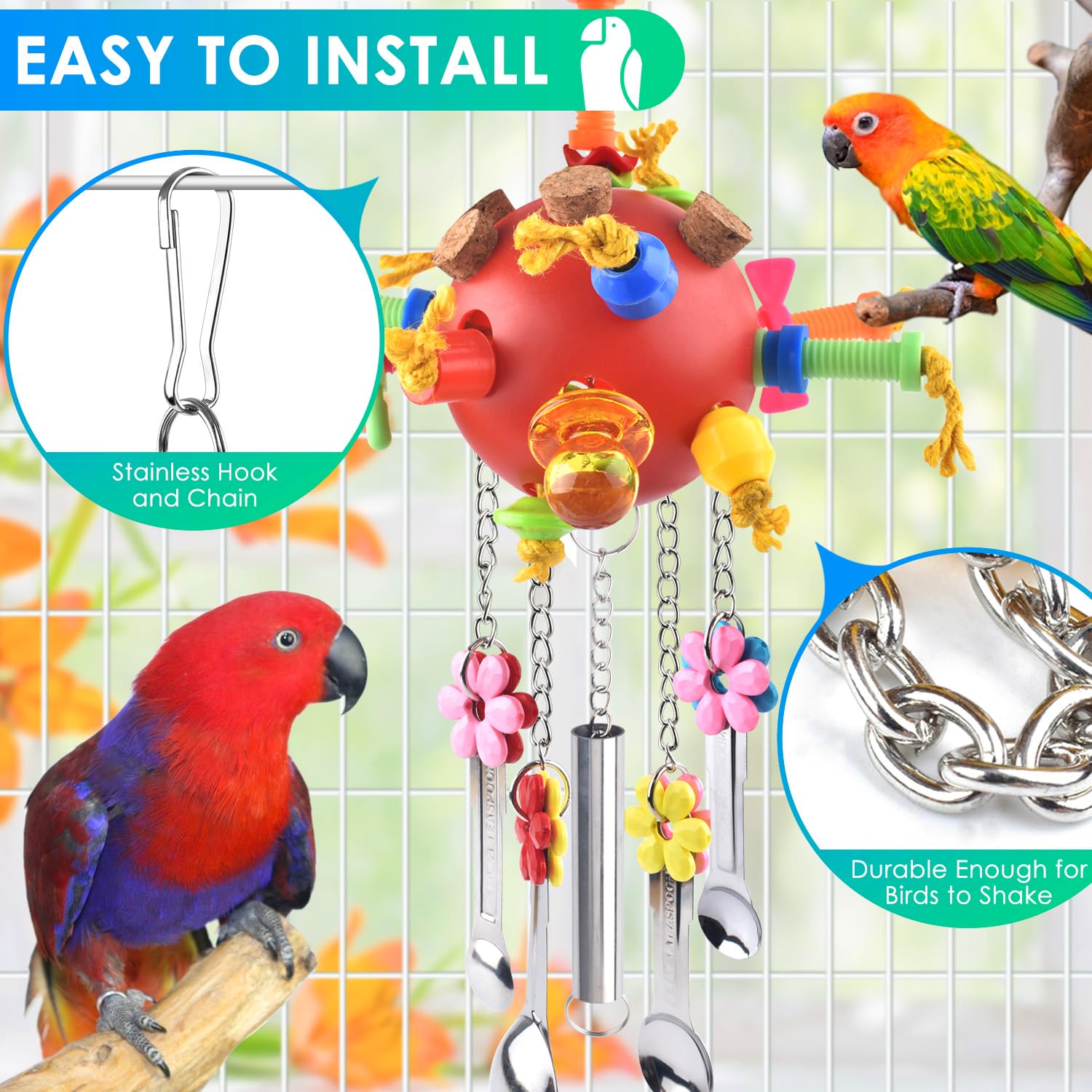 KATUMO Parrot Toys, Bird Spoons Colored Chew Toys Parrot Cage Toys for Amazon Parrot, African Grey, Conure, Caique, Quaker, Smal