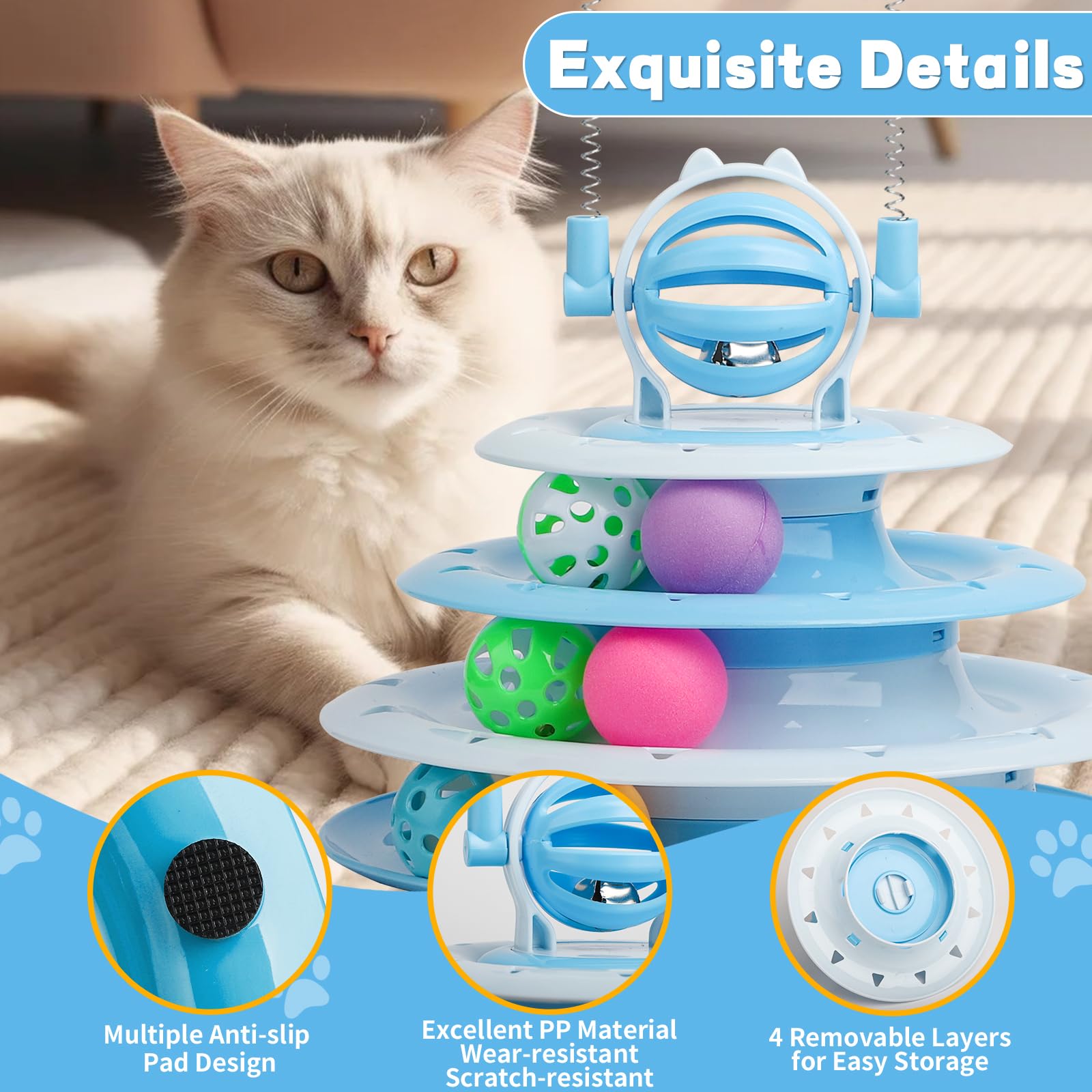 Goosheep Cat Toy Interactive Pet Plaything For Indoor Kitten Interactive Kitty Puzzle Ball With 2 Cat-Tease (Blue)