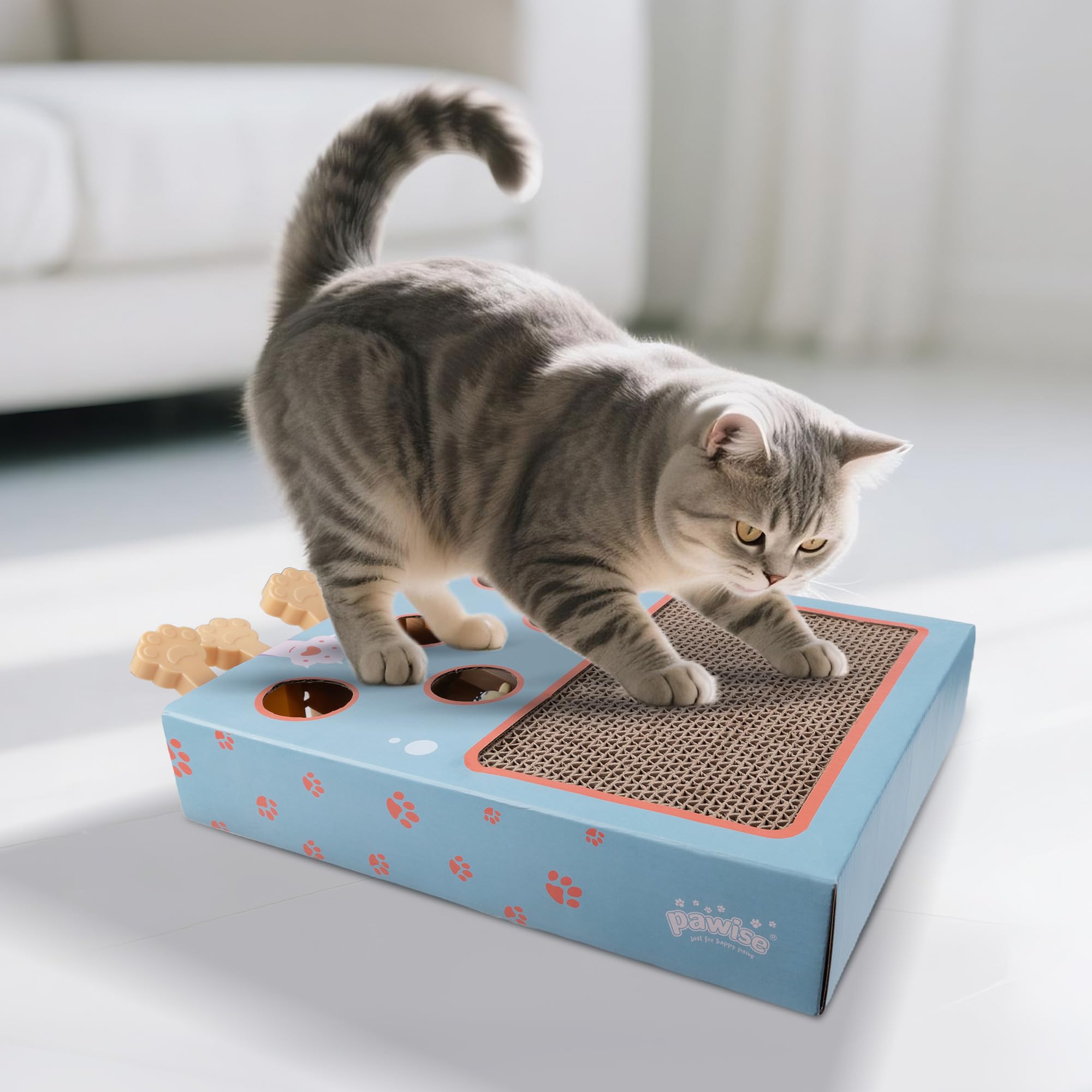 PAWISE Interactive Cat Play Scratch,3-in-1 Whack-A-Mole Puzzle Toy, Cat Scratching Post with Catnip, Fun Toy for Kitten,Cardboar